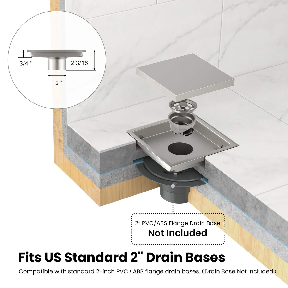 6 inch Square Reversible Tile-In Shower Drain - KFD0601
