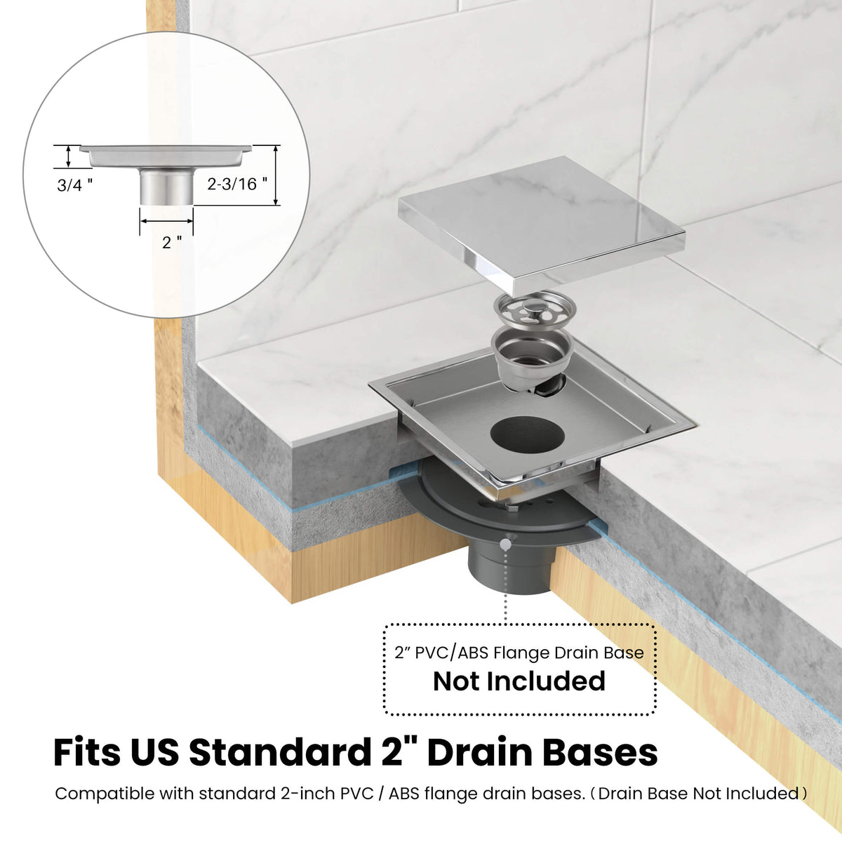 6 inch Square Reversible Tile-In Shower Drain - KFD0601
