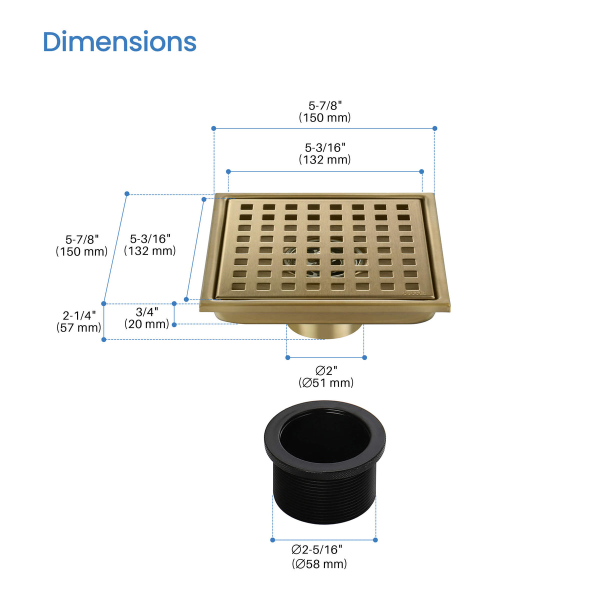 6 inch Square Shower Drain with Square Grid Grate - KFD0602