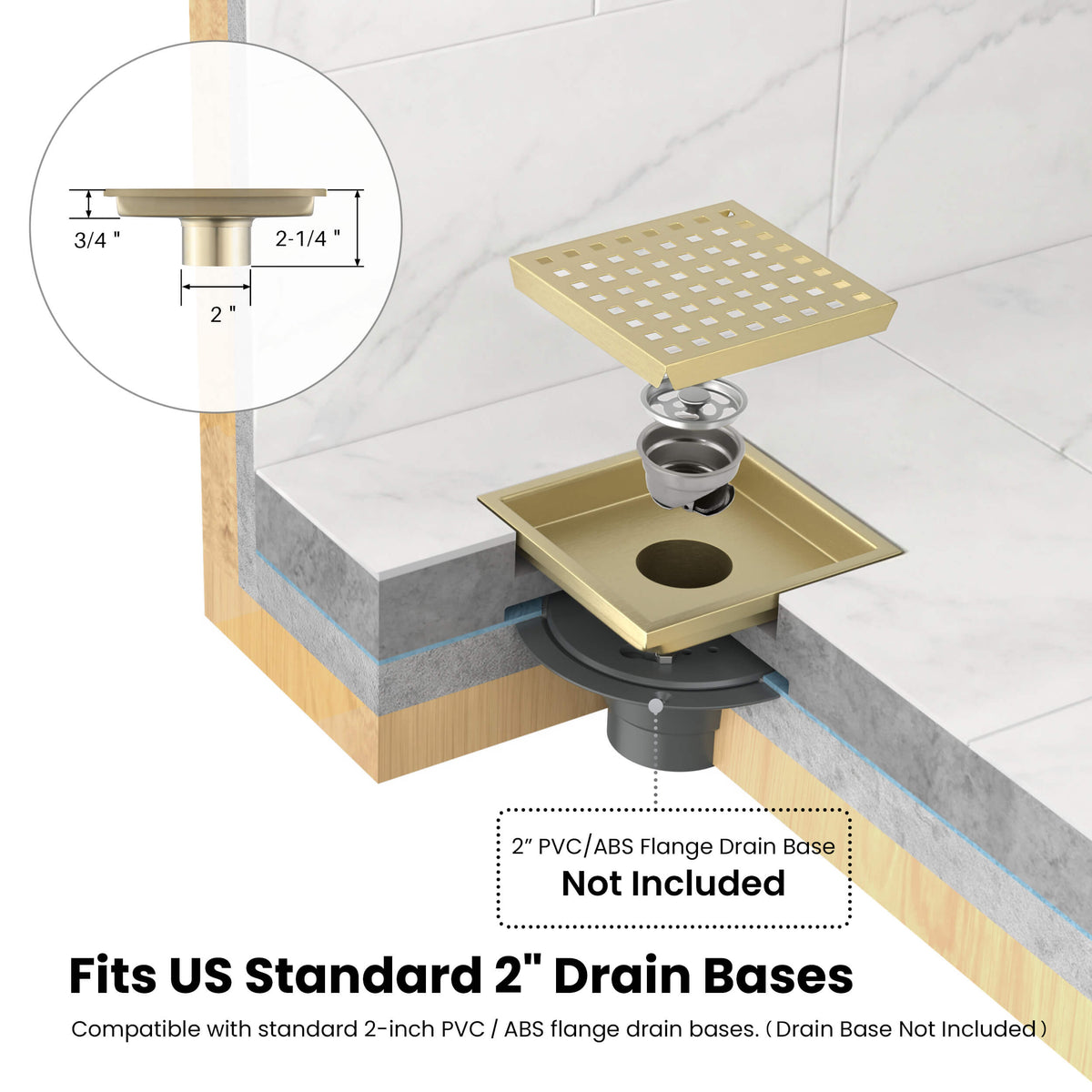 6 inch Square Shower Drain with Square Grid Grate - KFD0602