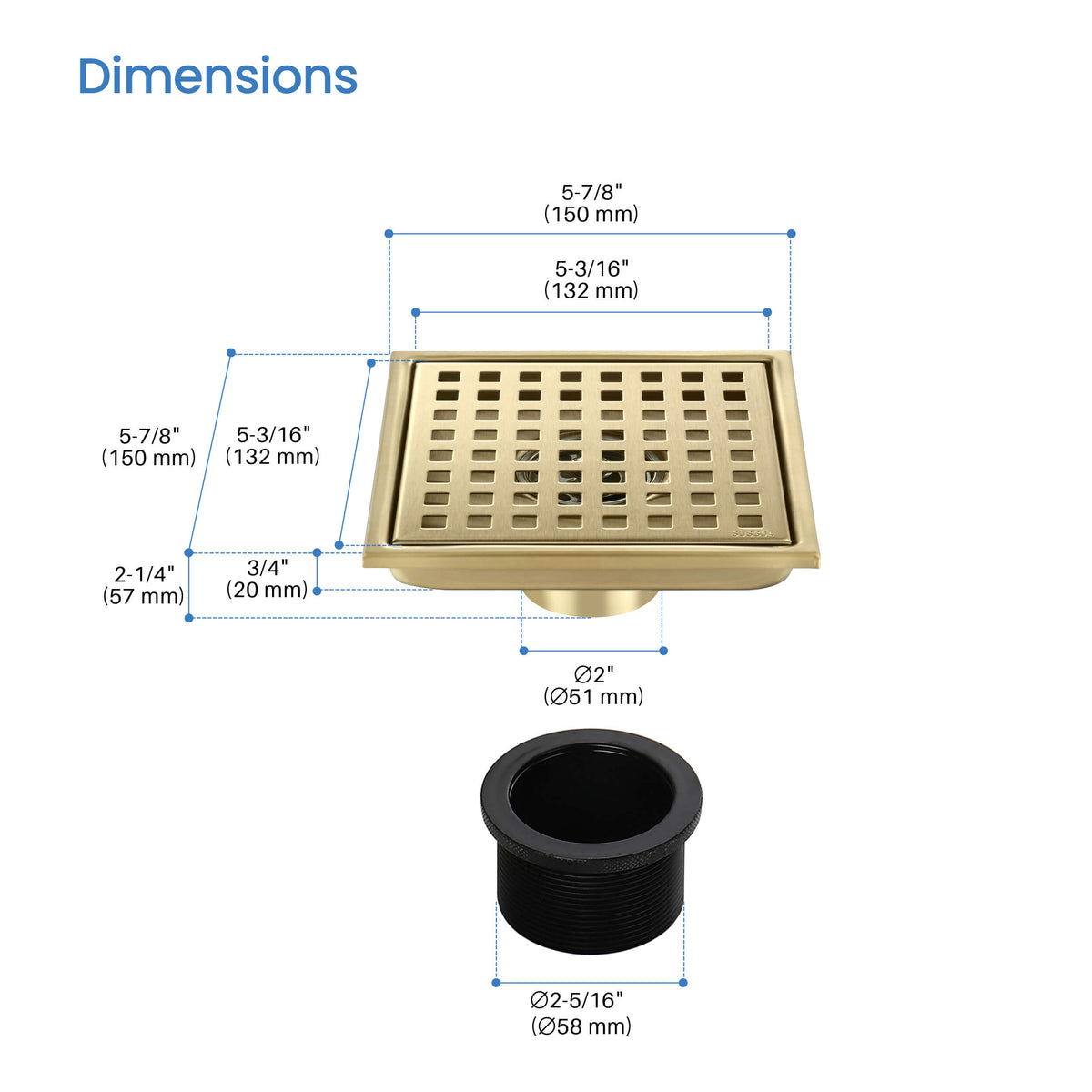 6 inch Square Shower Drain with Square Grid Grate - KFD0602