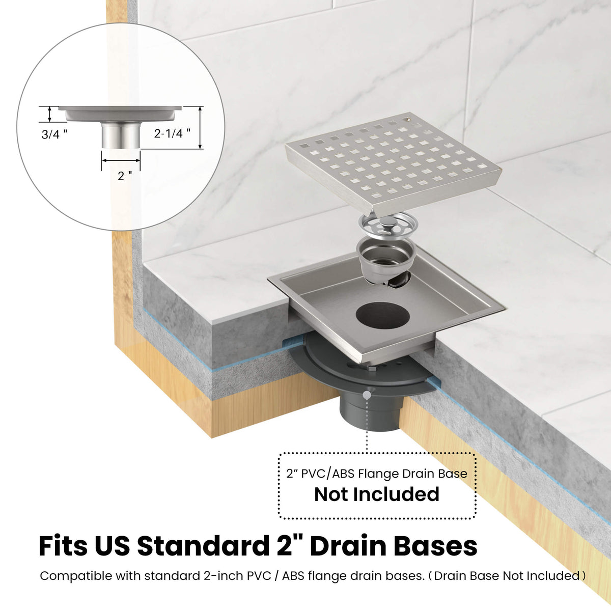6 inch Square Shower Drain with Square Grid Grate - KFD0602
