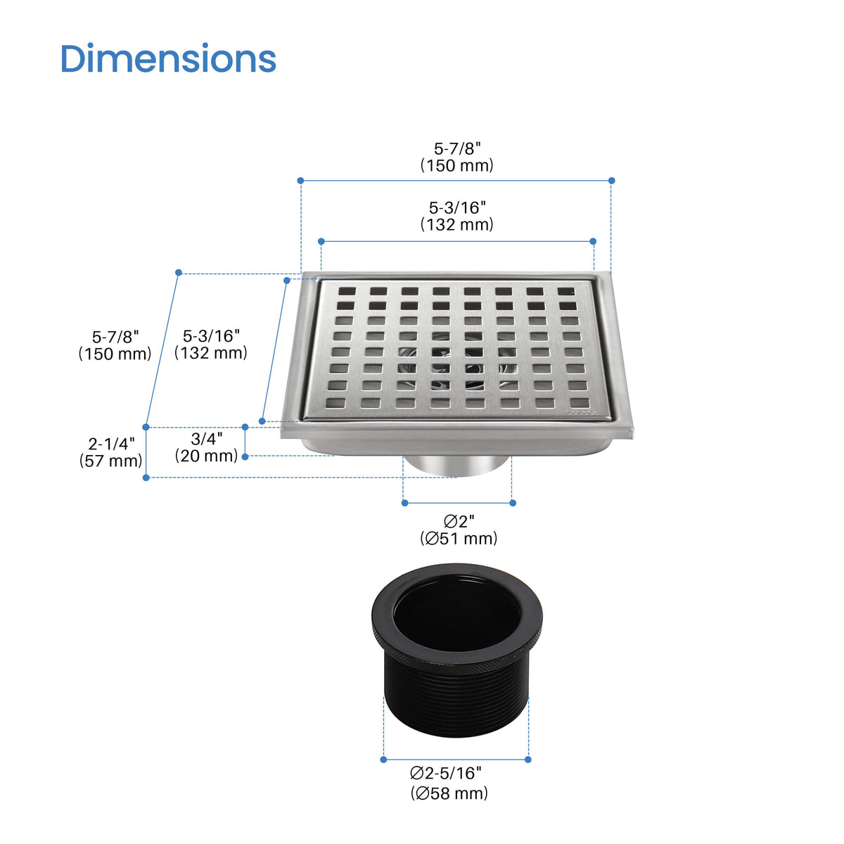 6 inch Square Shower Drain with Square Grid Grate - KFD0602