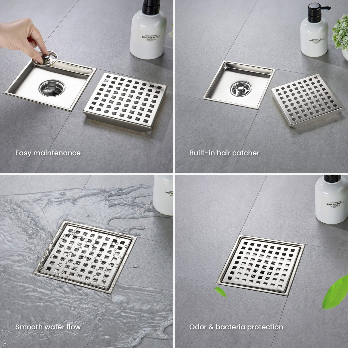 6 inch Square Shower Drain with Square Grid Grate - KFD0602