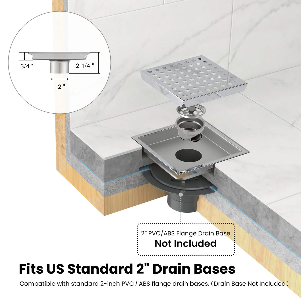 6 inch Square Shower Drain with Square Grid Grate - KFD0602