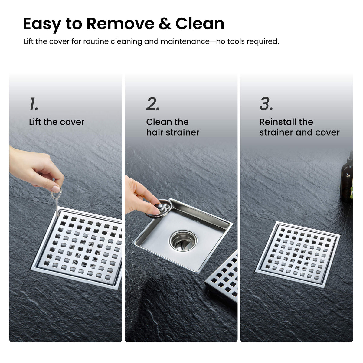 6 inch Square Shower Drain with Square Grid Grate - KFD0602