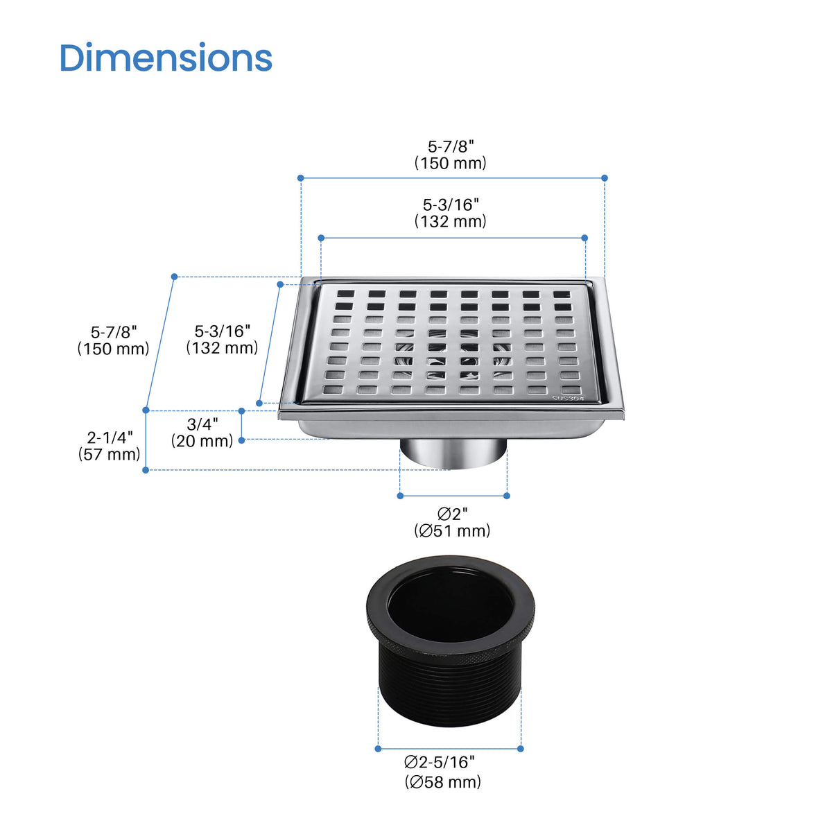 6 inch Square Shower Drain with Square Grid Grate - KFD0602