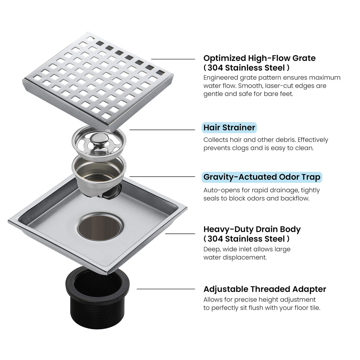 6 inch Square Shower Drain with Square Grid Grate - KFD0602