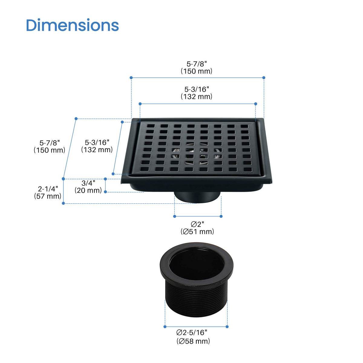 6 inch Square Shower Drain with Square Grid Grate - KFD0602
