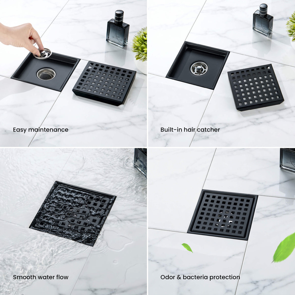 6 inch Square Shower Drain with Square Grid Grate - KFD0602