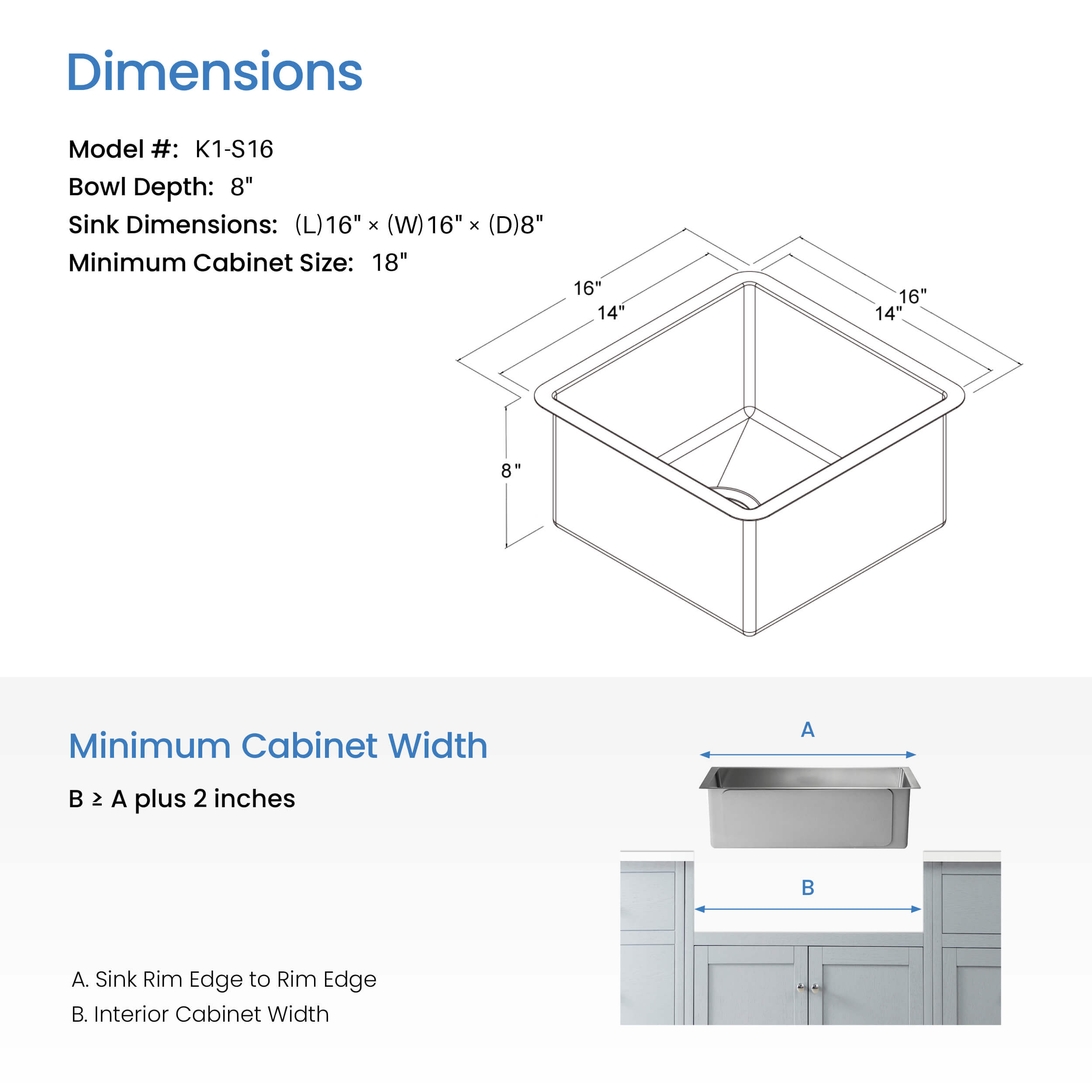 16″ Handcrafted Undermount Single Bowl 16 gauge Stainless Steel Kitchen Sink – K1-S16