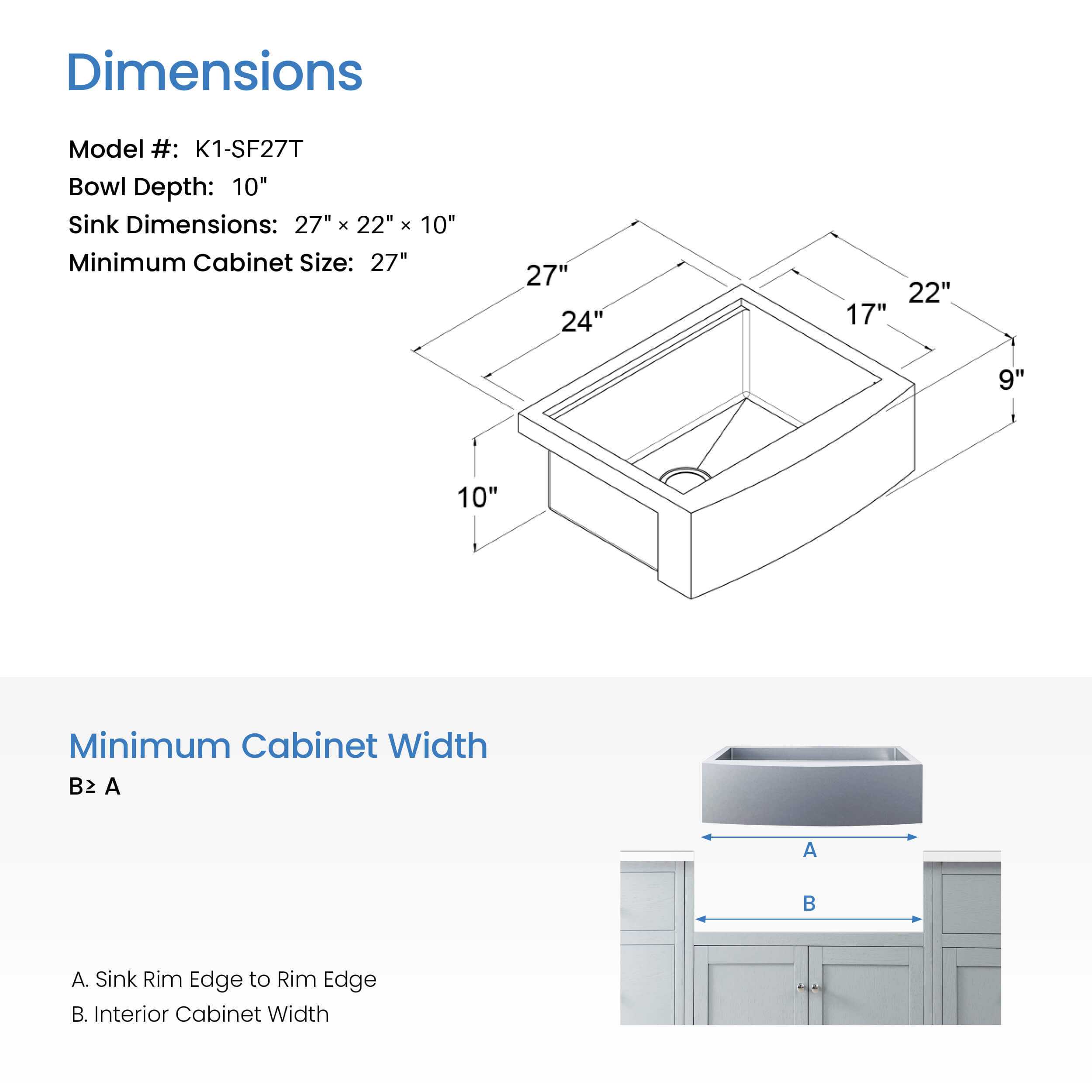 27″ Farmhouse Apron Single Bowl Stainless Steel Workstation Kitchen Sink – K1-SF27T