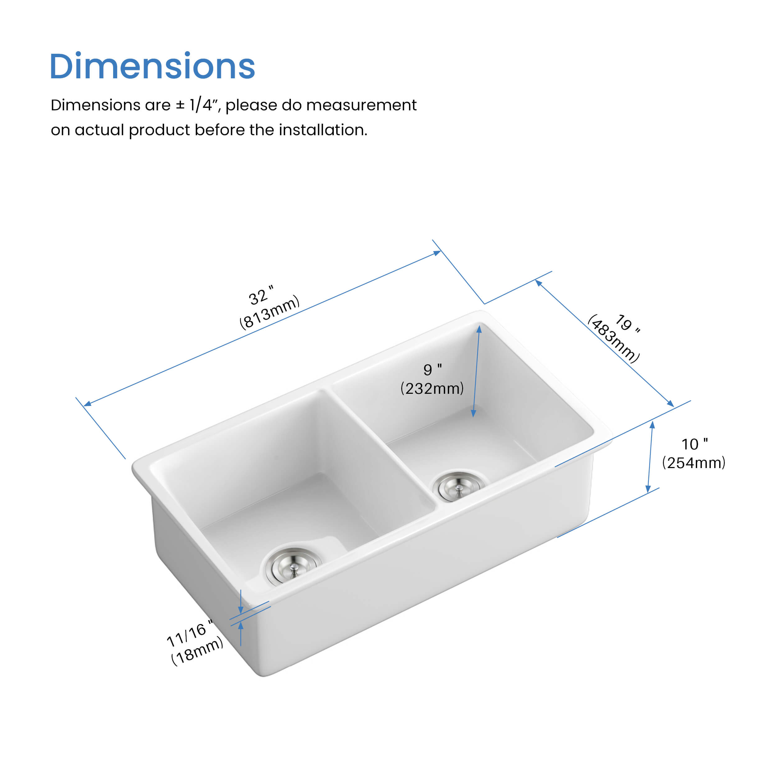 32″ Pure Fireclay Double Bowl Undermount Kitchen Sink – K2-D32