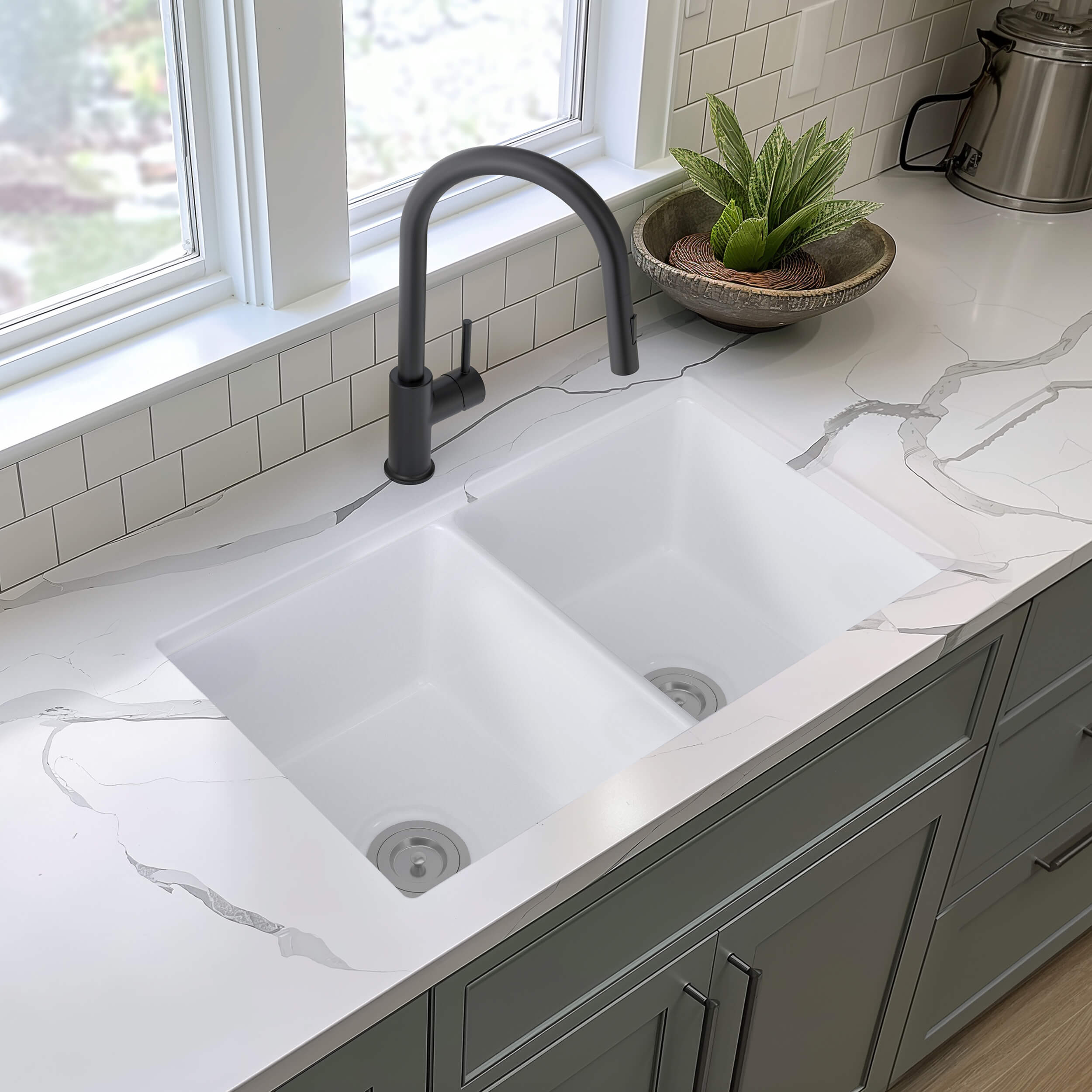 32″ Pure Fireclay Double Bowl Undermount Kitchen Sink – K2-D32