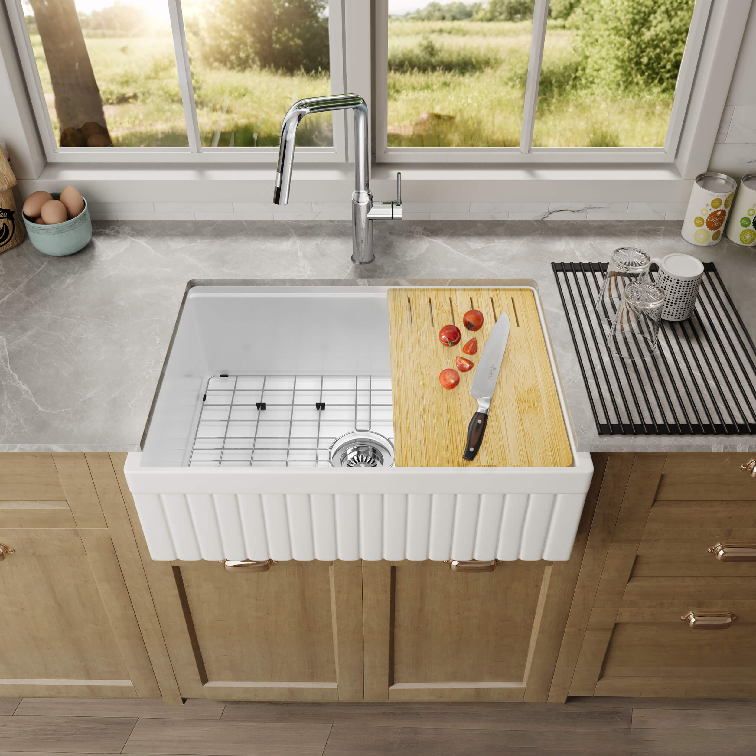 Pillar 30″ Kitchen Farmhouse Fireclay Workstation Sink - K2-SF30PIT