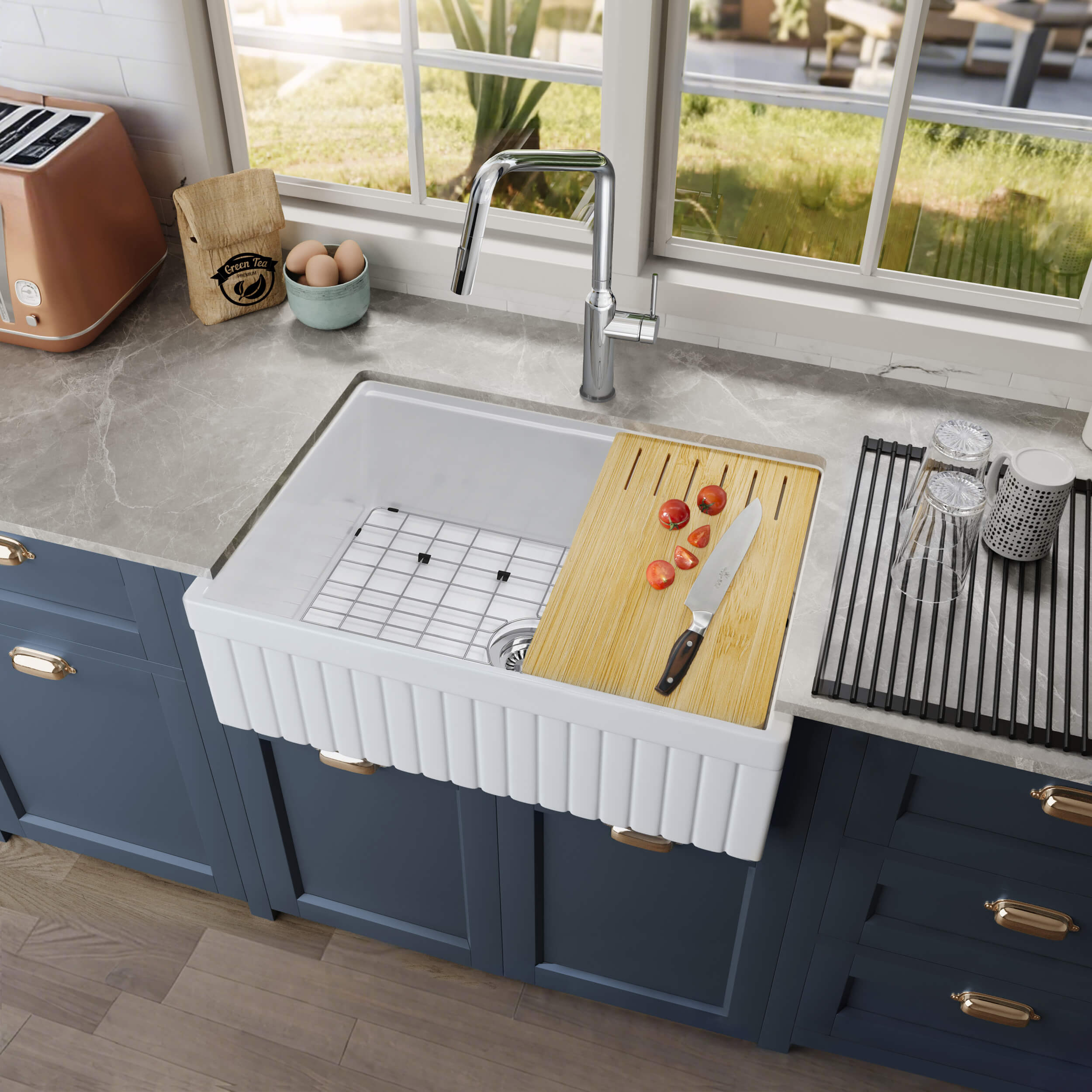 Pillar 30″ Kitchen Farmhouse Fireclay Workstation Sink - K2-SF30PIT
