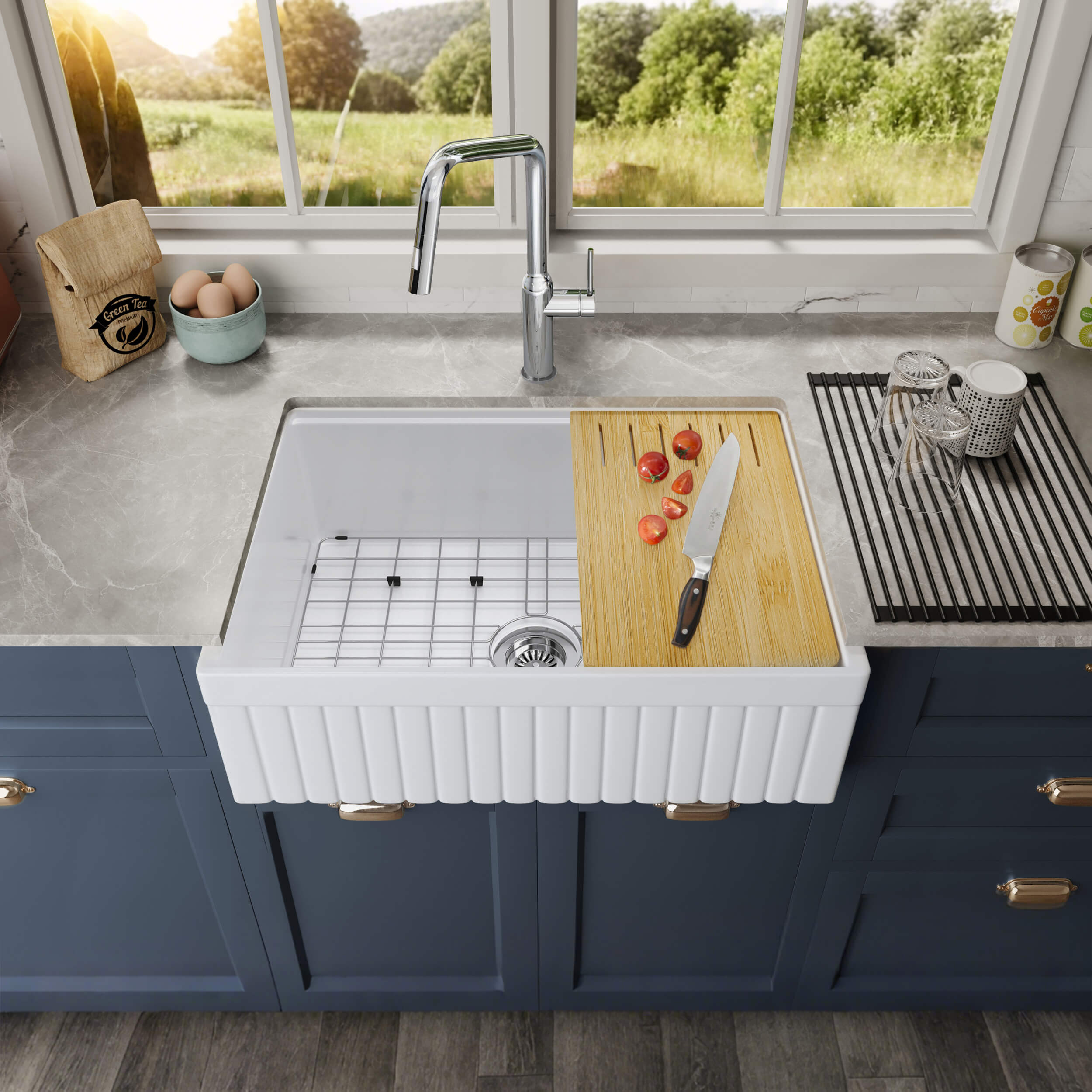 Pillar 30″ Kitchen Farmhouse Fireclay Workstation Sink - K2-SF30PIT