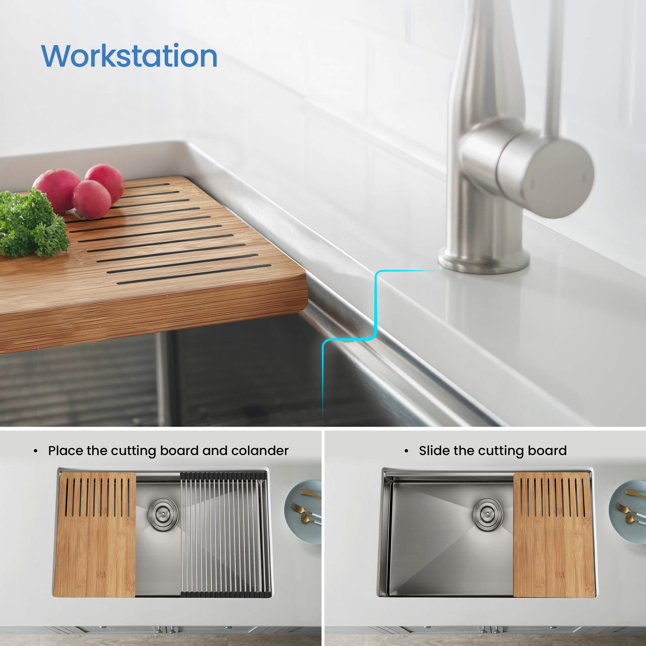 27″ Handcrafted 316 Marine Grade Stainless Steel 16 Gauge Single Bowl Workstation Undermount Kitchen Sink – K3-S27T
