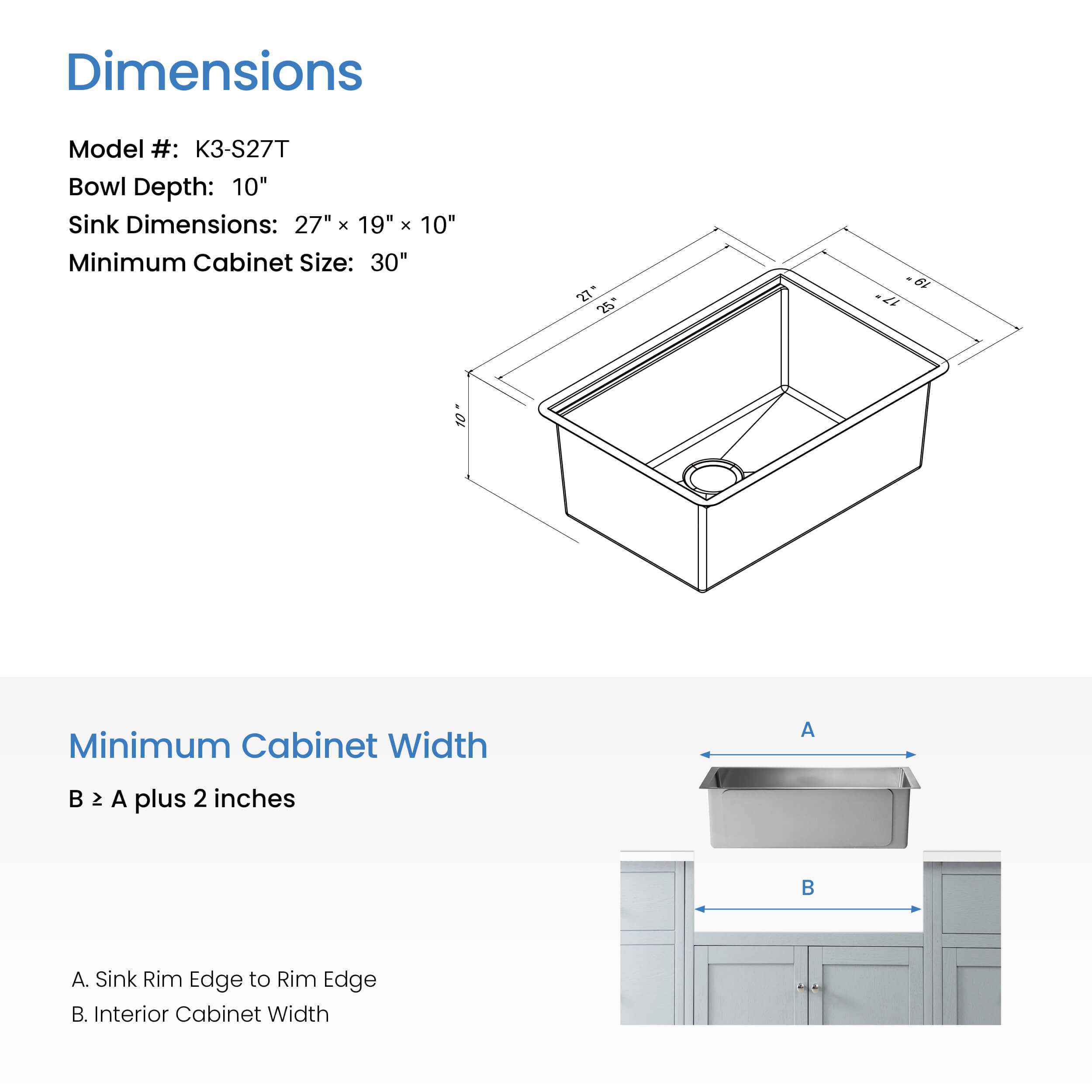 27″ Handcrafted 316 Marine Grade Stainless Steel 16 Gauge Single Bowl Workstation Undermount Kitchen Sink – K3-S27T
