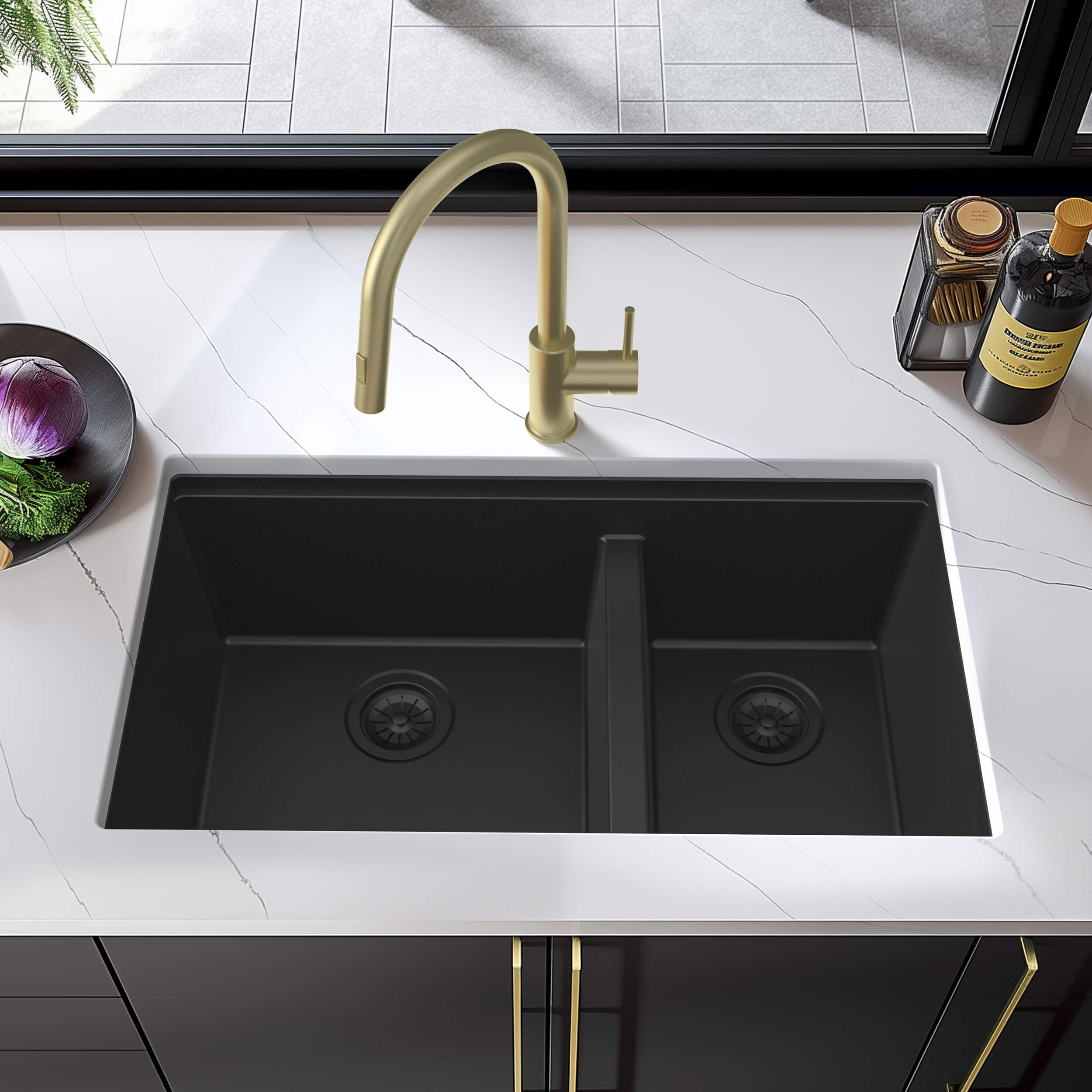 33″ Undermount Workstation Double Bowl Quartz Kitchen Sink – K4-D33T