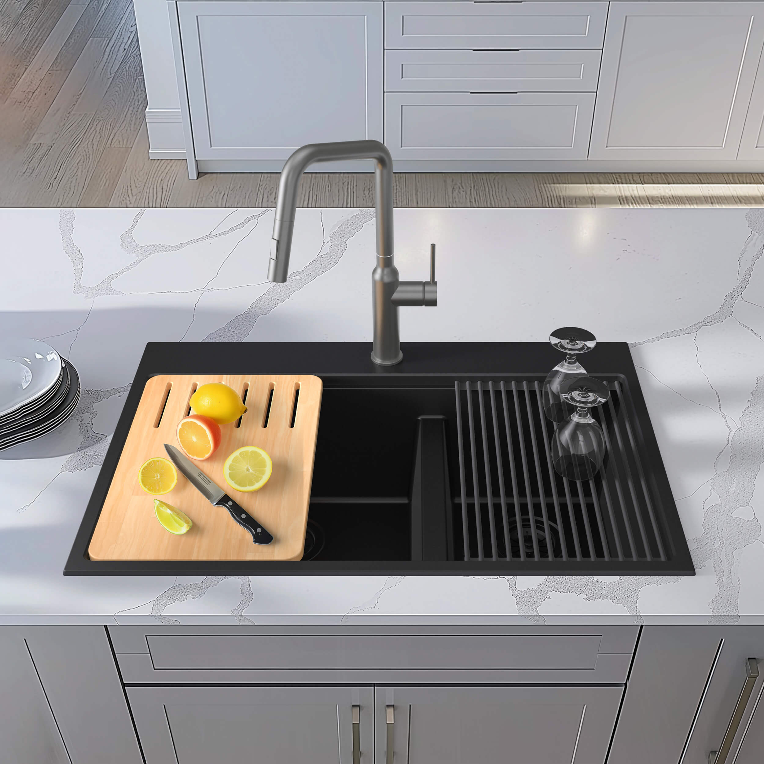 33″ Top-Mount Workstation Double Bowl Quartz Kitchen Sink – K4-TD33T
