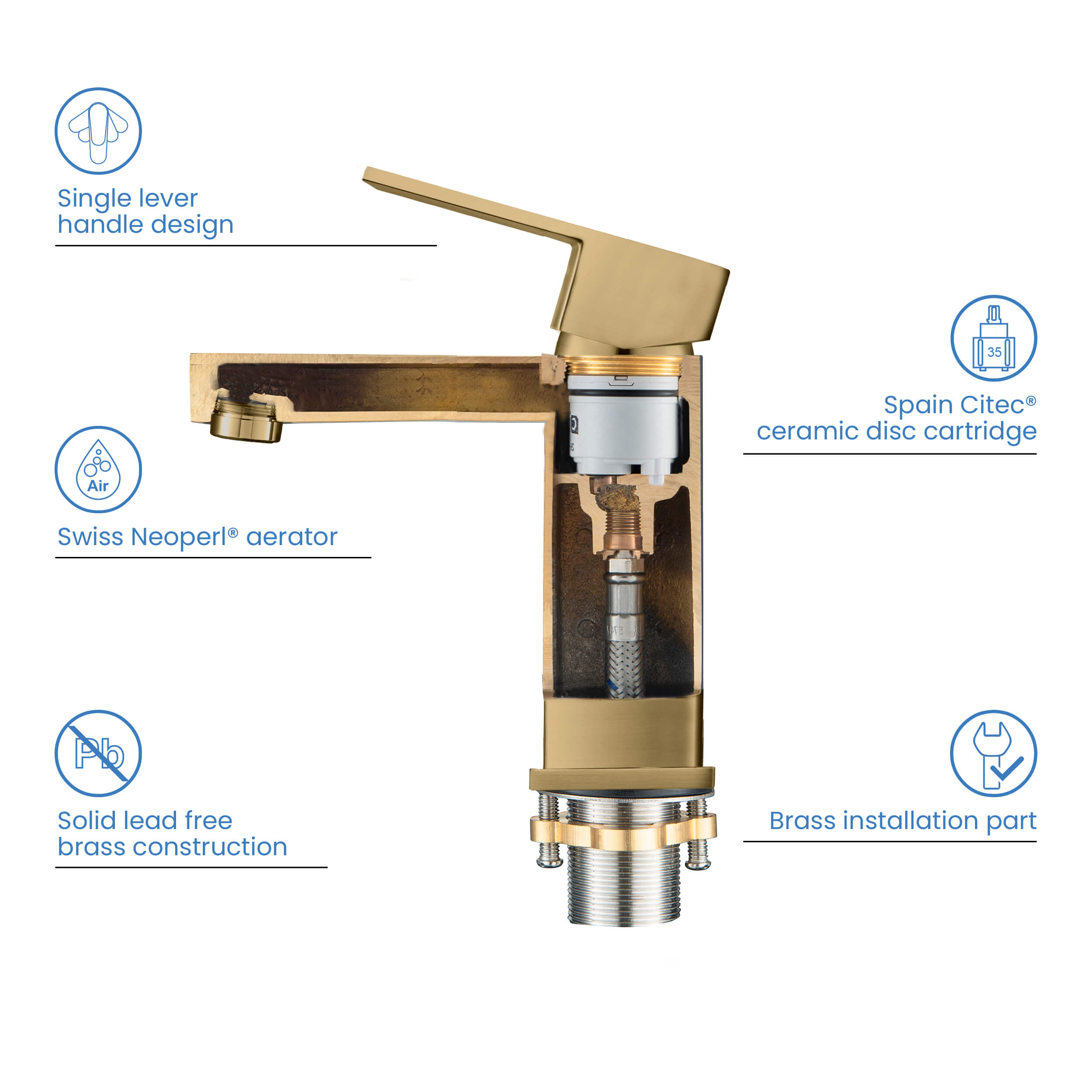 Cubic Brass Single Handle Bathroom Vanity Sink Faucet, Lavatory Sink Faucet - C-KBF1002-KPW100