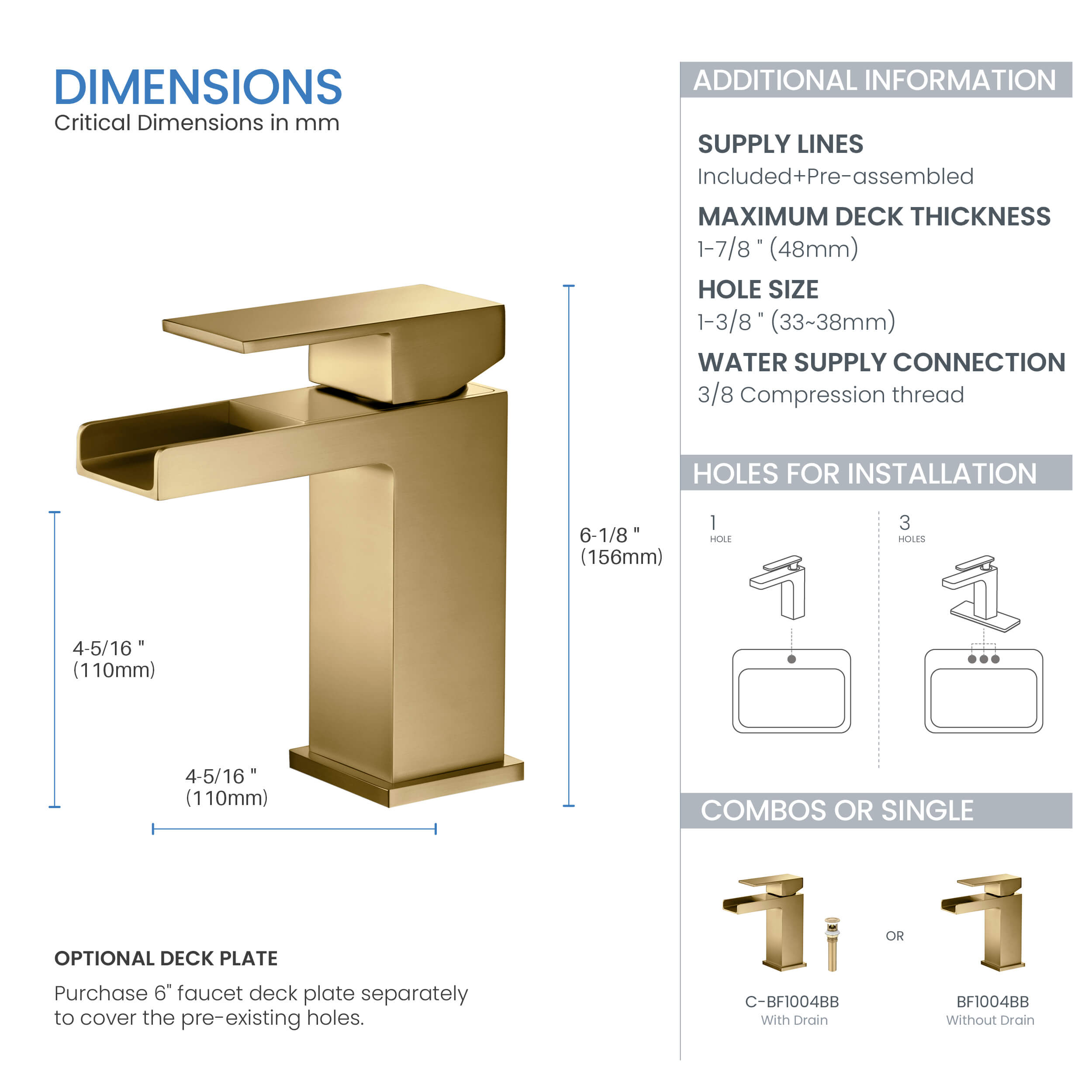 Waterfall Single Handle Bathroom Vanity Sink Faucet with Drain Assembly - C-KBF1004-KPW100