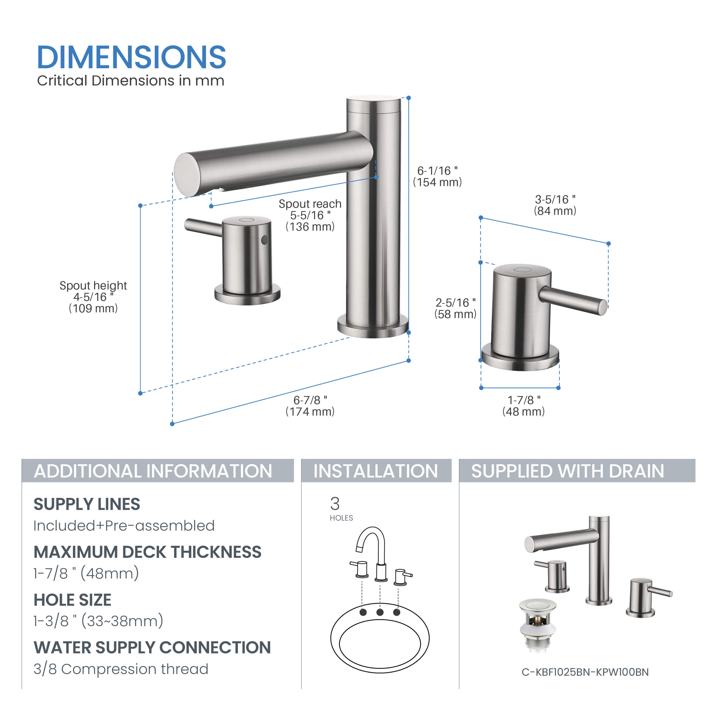 Circular 8" Bathroom Sink Widespread Faucet with Drain Assembly KBF1025