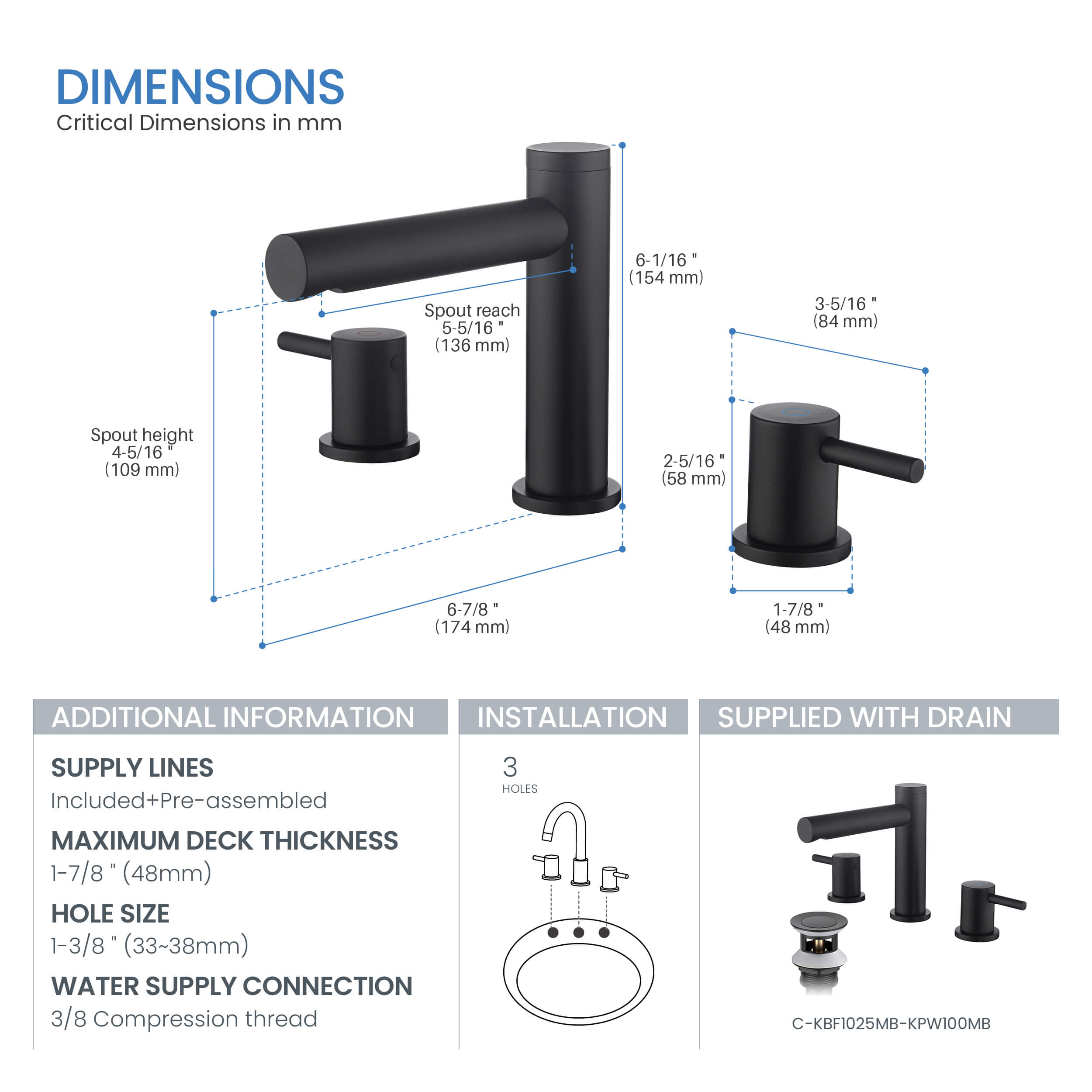 Circular 8" Bathroom Sink Widespread Faucet with Drain Assembly KBF1025