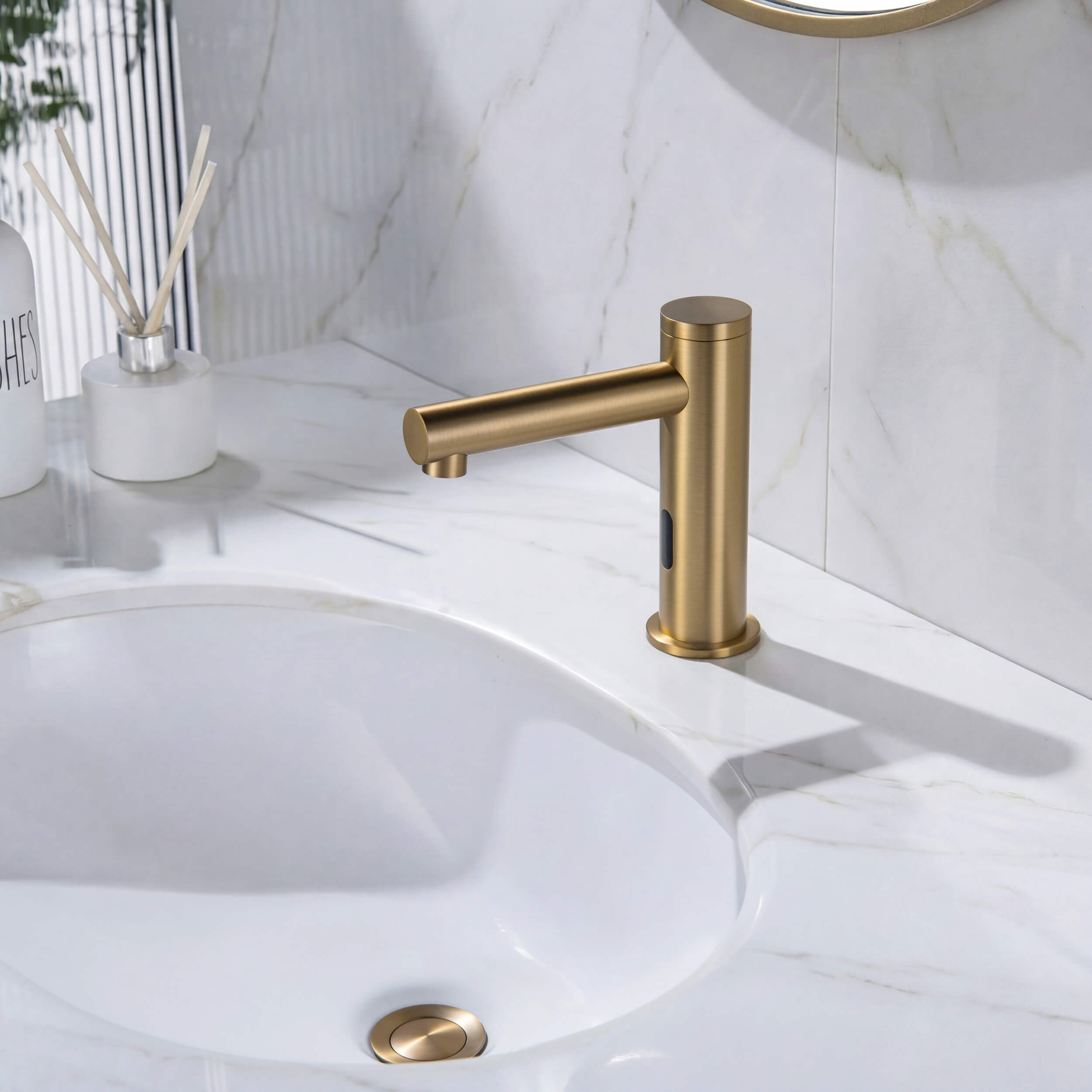 Circular Touchless Bathroom Vanity Sink Faucet with Pop-Up Drain — Plug-In or Battery Powered - C-KBF1029