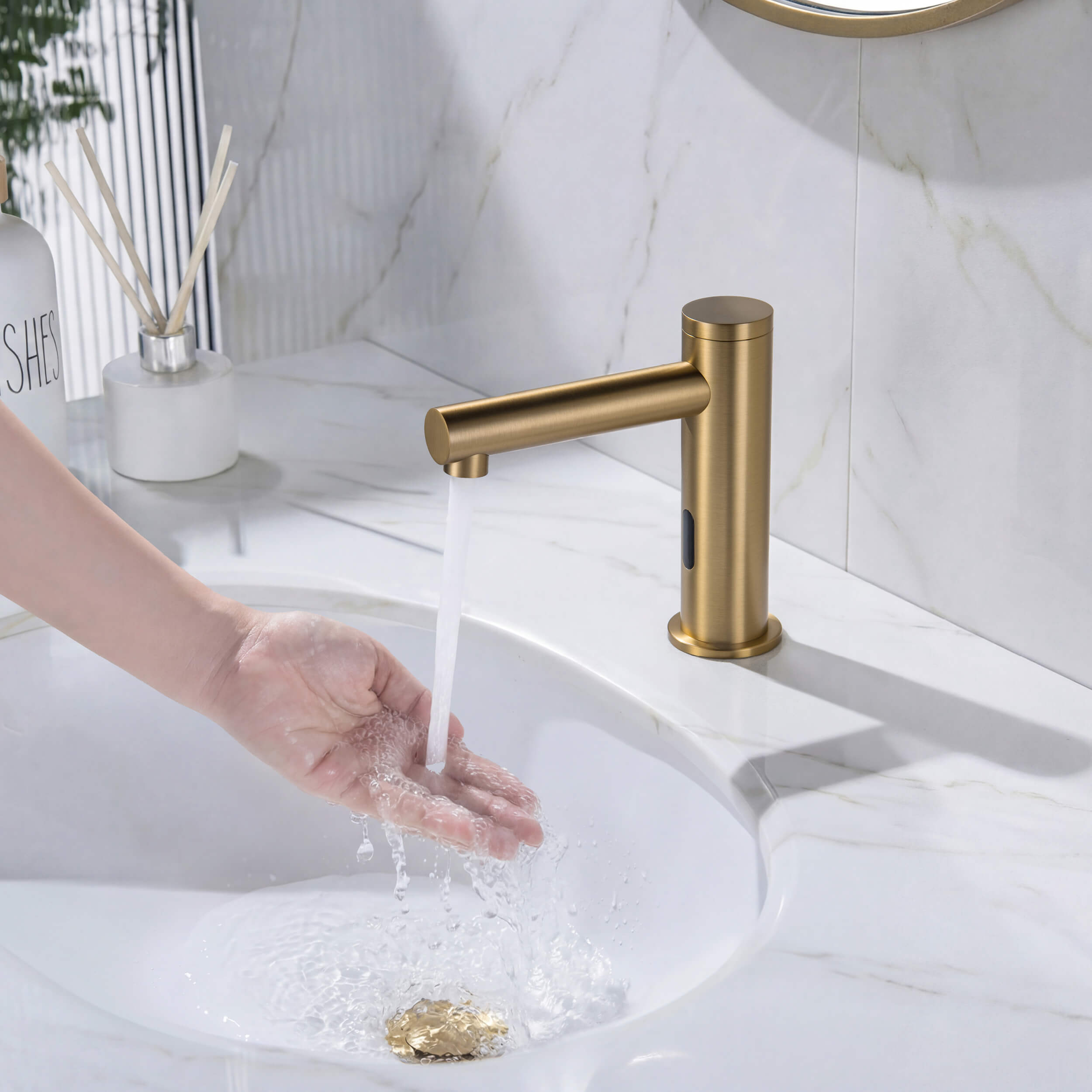 Circular Touchless Bathroom Vanity Sink Faucet with Pop-Up Drain — Plug-In or Battery Powered - C-KBF1029