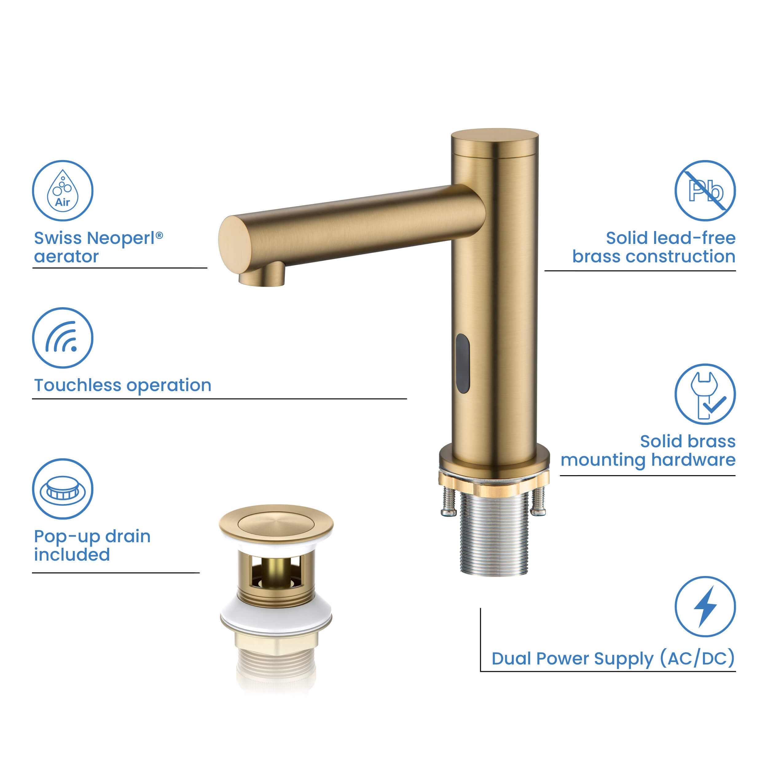 Circular Touchless Bathroom Vanity Sink Faucet with Pop-Up Drain — Plug-In or Battery Powered - C-KBF1029