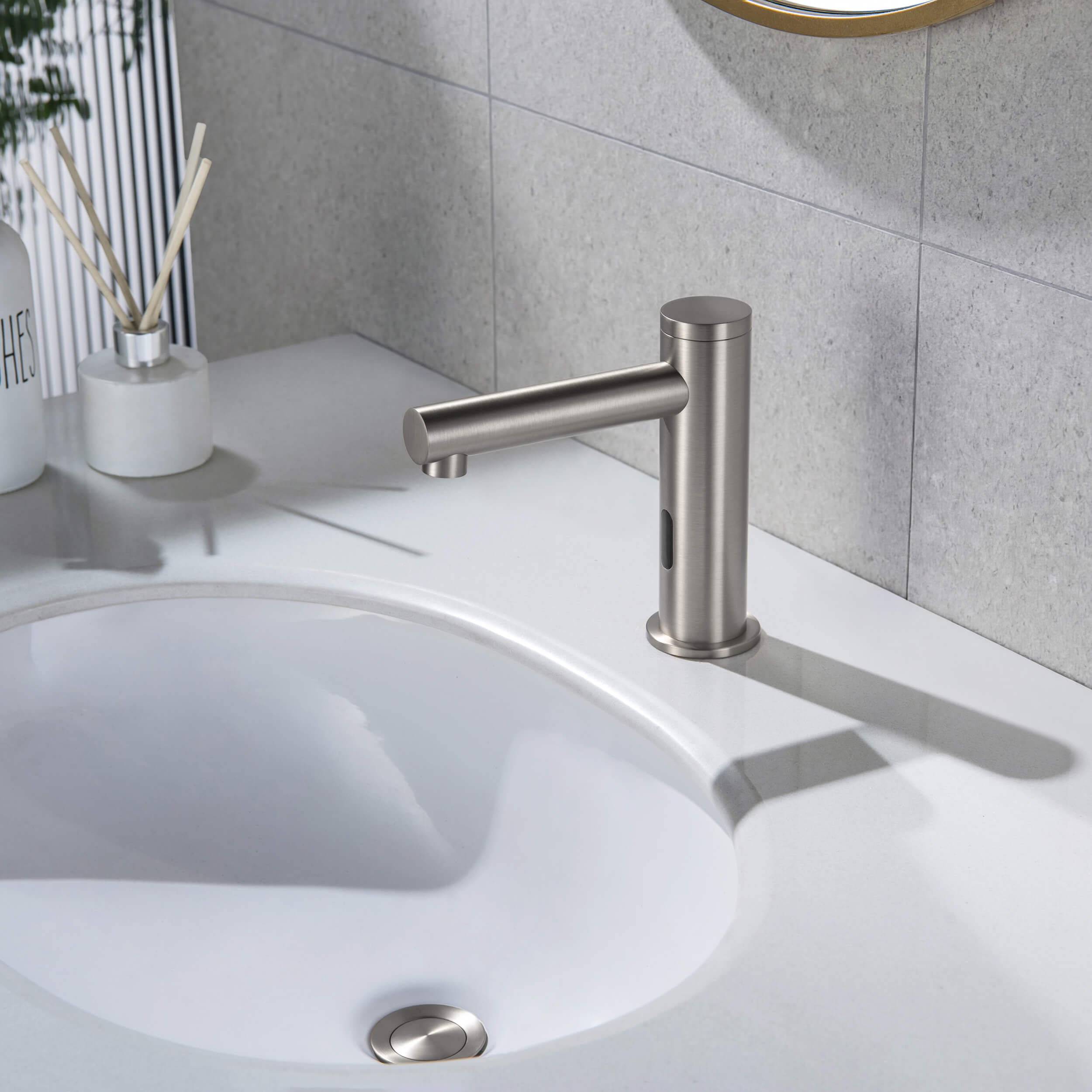 Circular Touchless Bathroom Vanity Sink Faucet with Pop-Up Drain — Plug-In or Battery Powered - C-KBF1029