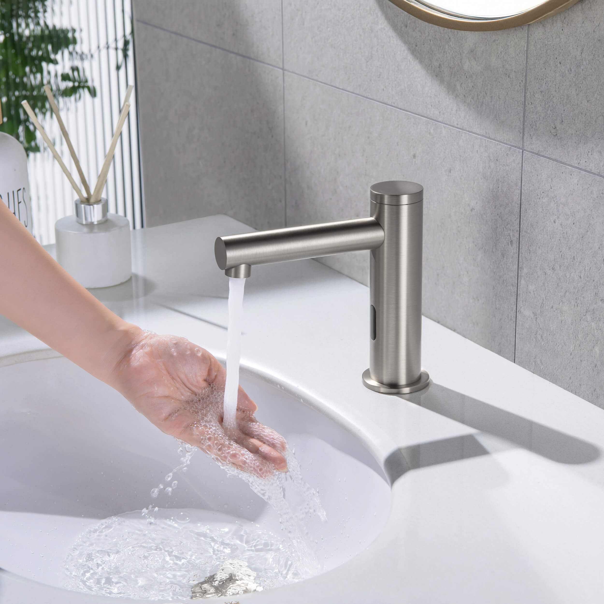 Circular Touchless Bathroom Vanity Sink Faucet with Pop-Up Drain — Plug-In or Battery Powered - C-KBF1029
