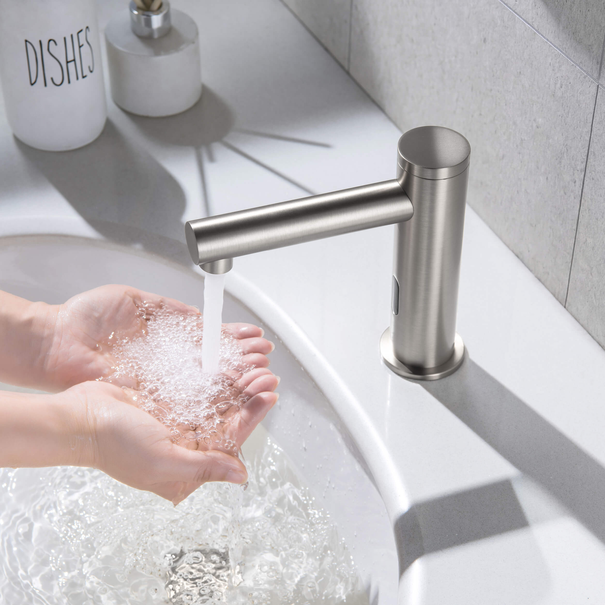 Circular Touchless Bathroom Vanity Sink Faucet with Pop-Up Drain — Plug-In or Battery Powered - C-KBF1029
