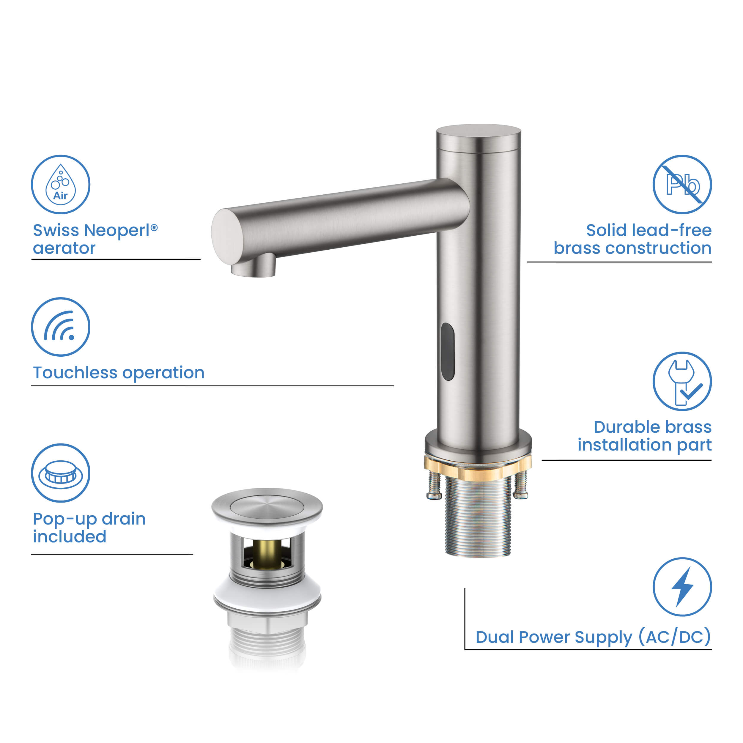 Circular Touchless Bathroom Vanity Sink Faucet with Pop-Up Drain — Plug-In or Battery Powered - C-KBF1029