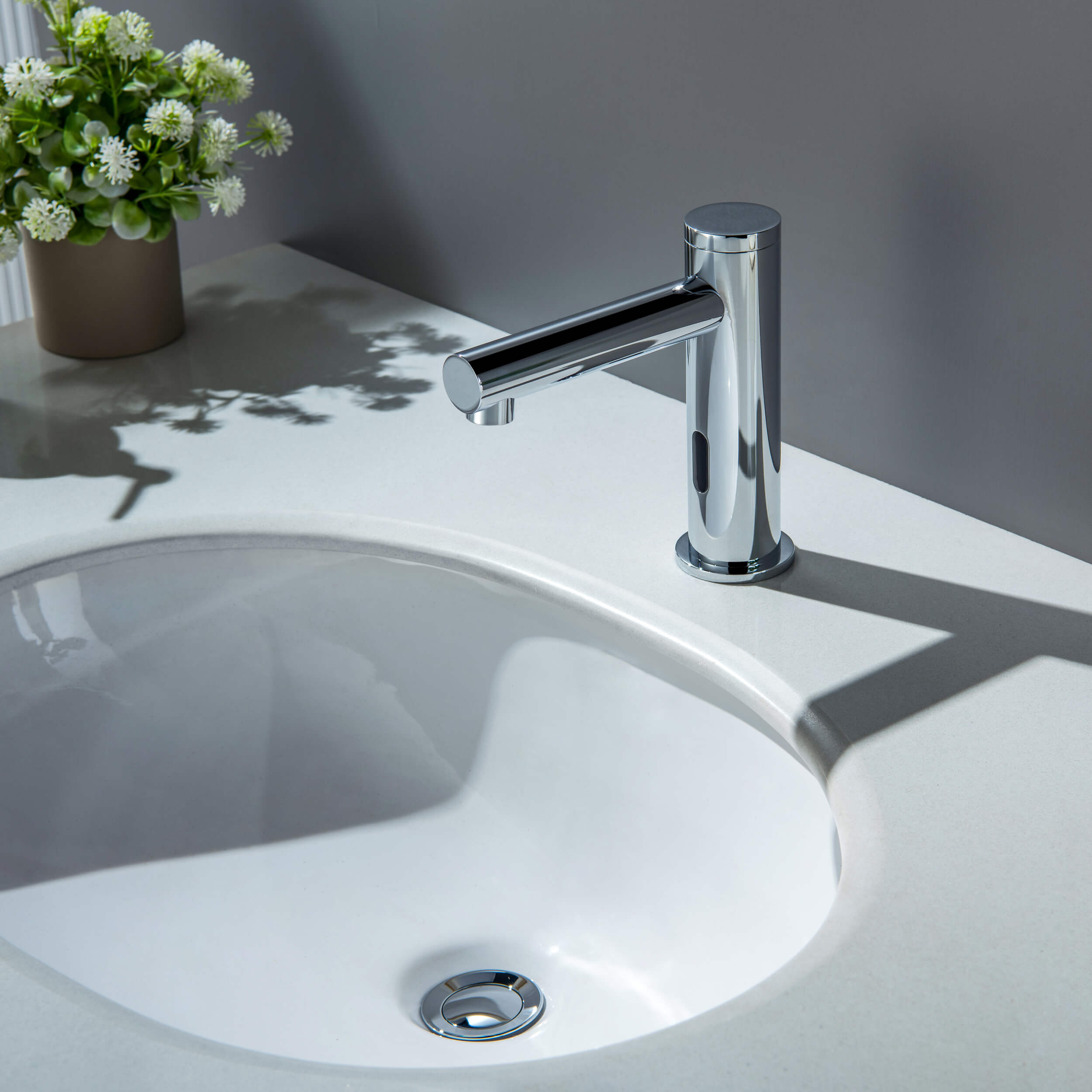 Circular Touchless Bathroom Vanity Sink Faucet with Pop-Up Drain — Plug-In or Battery Powered - C-KBF1029