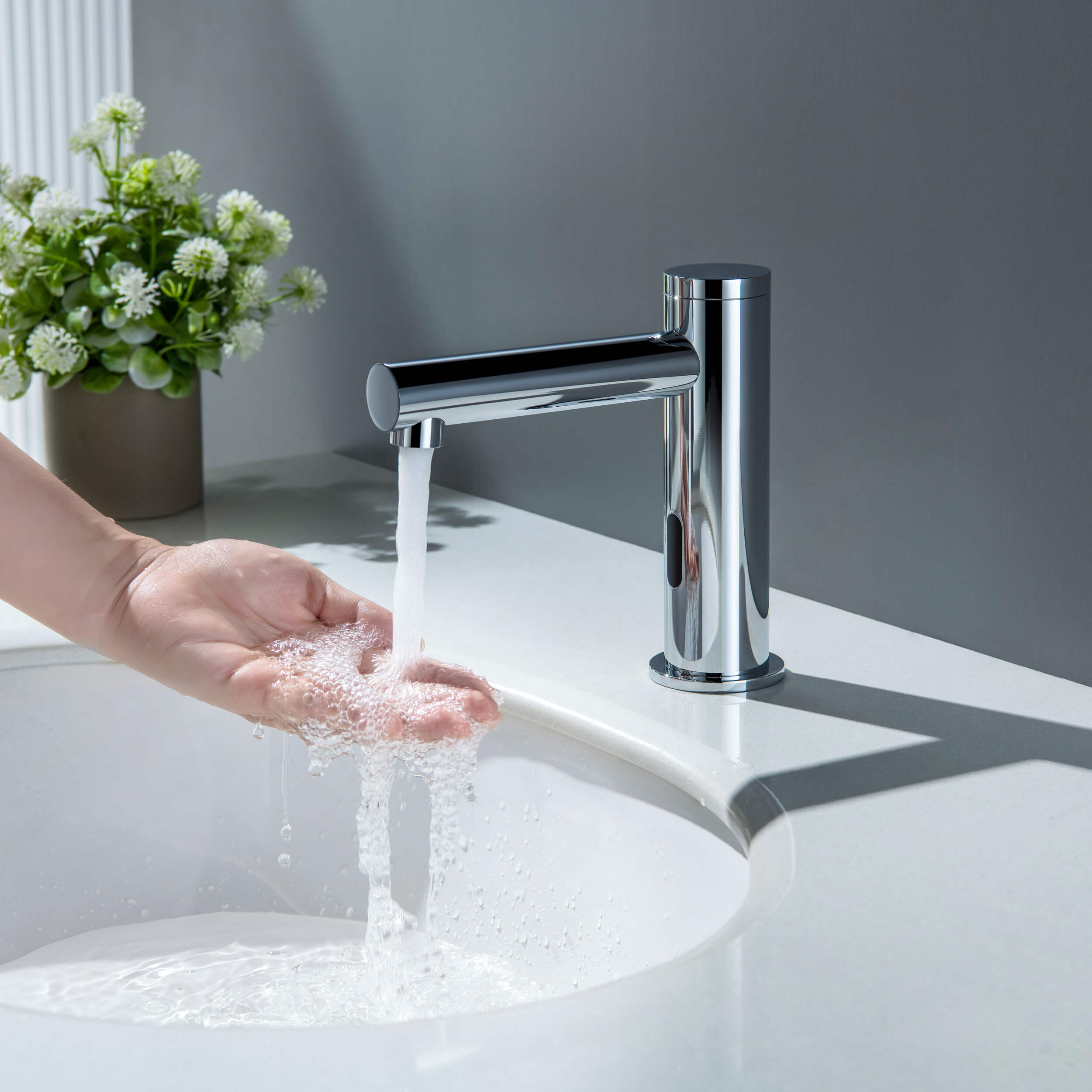 Circular Touchless Bathroom Vanity Sink Faucet with Pop-Up Drain — Plug-In or Battery Powered - C-KBF1029