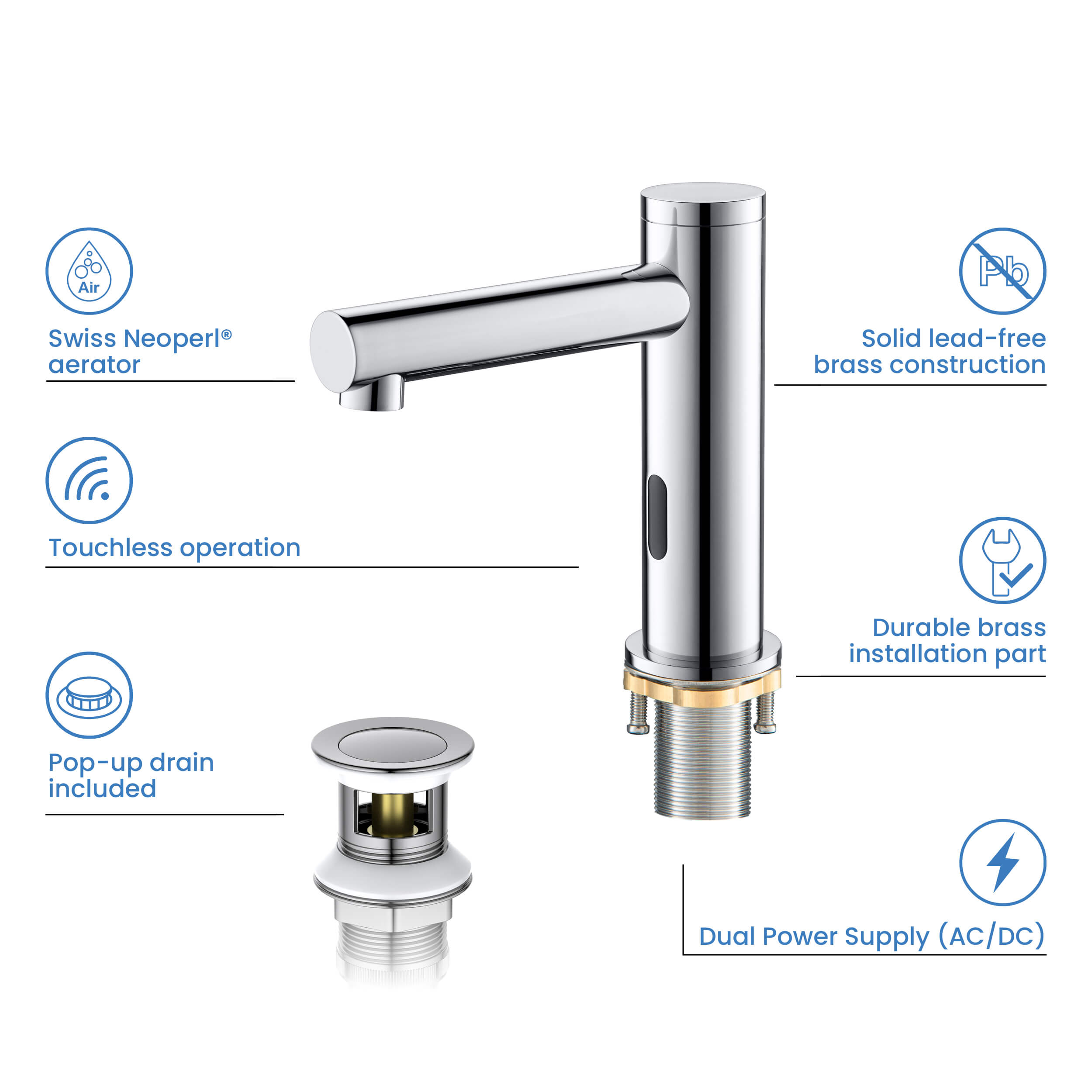 Circular Touchless Bathroom Vanity Sink Faucet with Pop-Up Drain — Plug-In or Battery Powered - C-KBF1029
