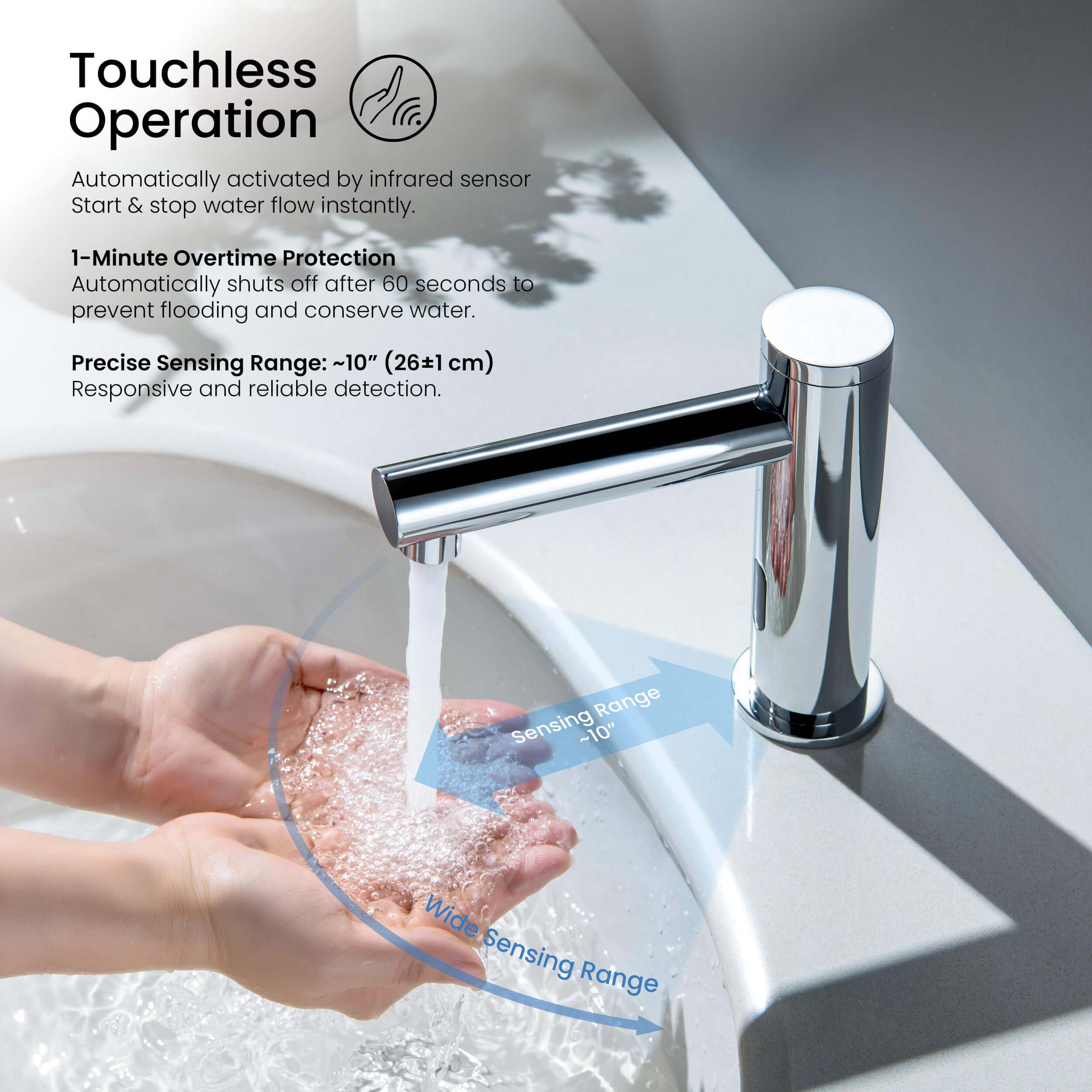 Circular Touchless Bathroom Vanity Sink Faucet with Pop-Up Drain — Plug-In or Battery Powered - C-KBF1029