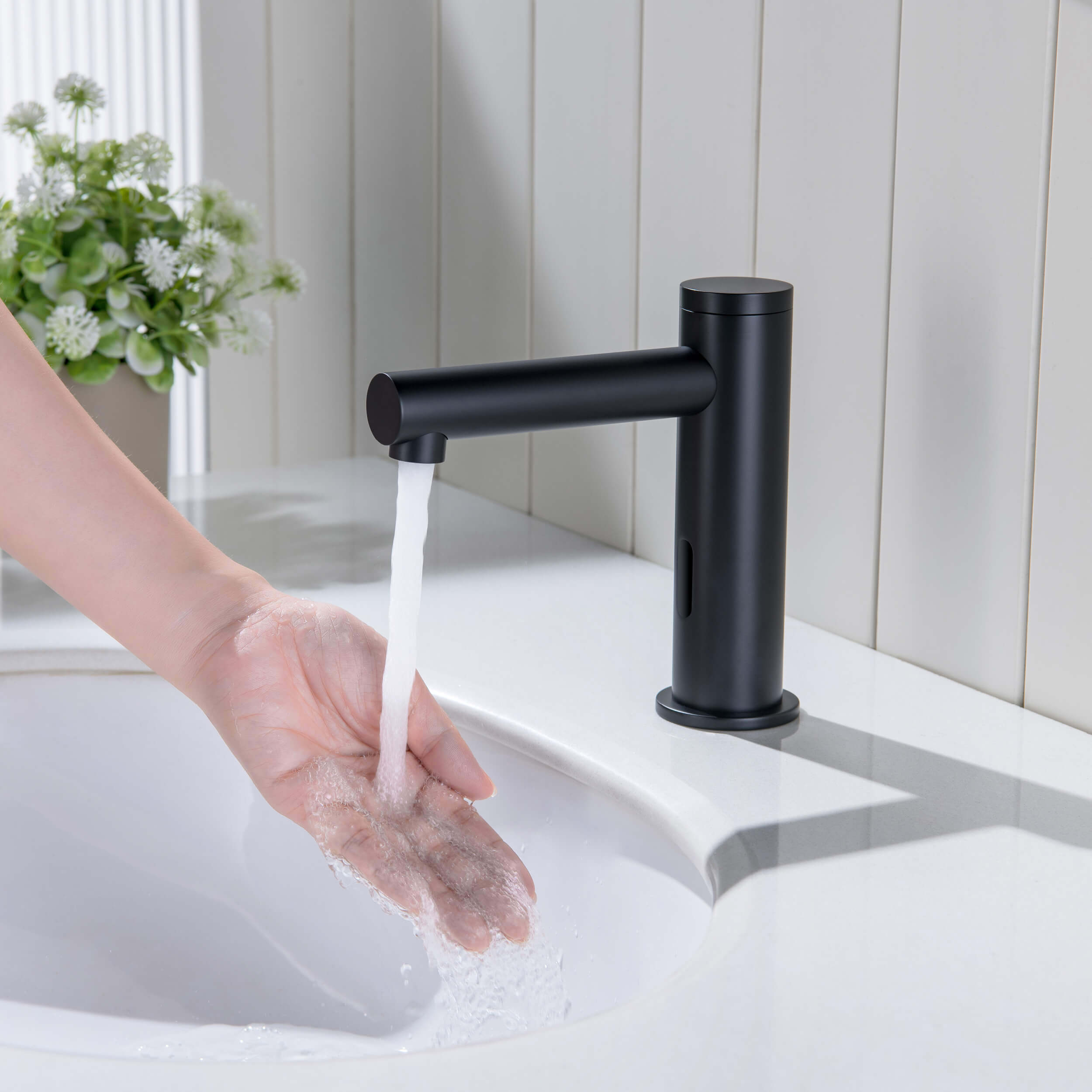 Circular Touchless Bathroom Vanity Sink Faucet with Pop-Up Drain — Plug-In or Battery Powered - C-KBF1029