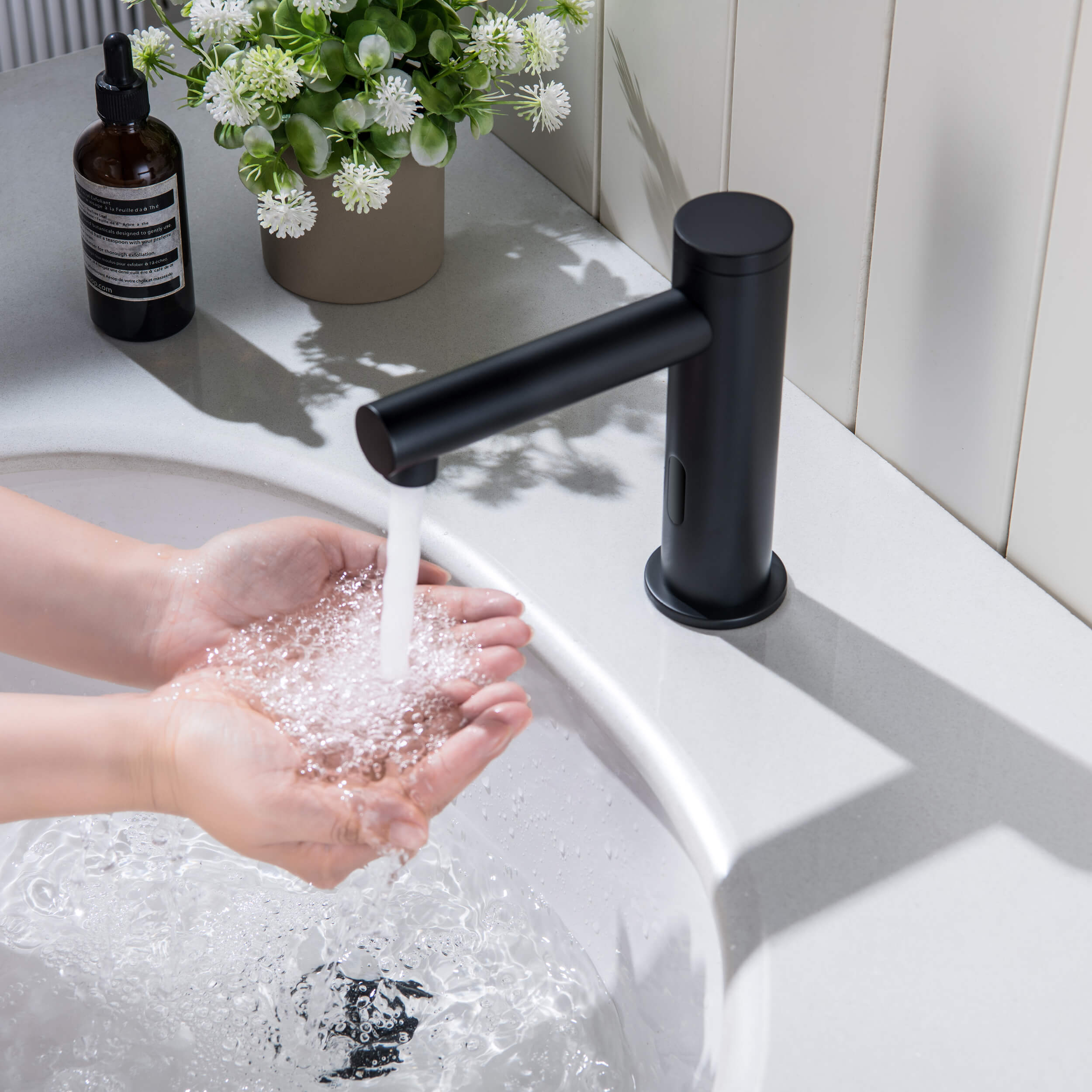Circular Touchless Bathroom Vanity Sink Faucet with Pop-Up Drain — Plug-In or Battery Powered - C-KBF1029