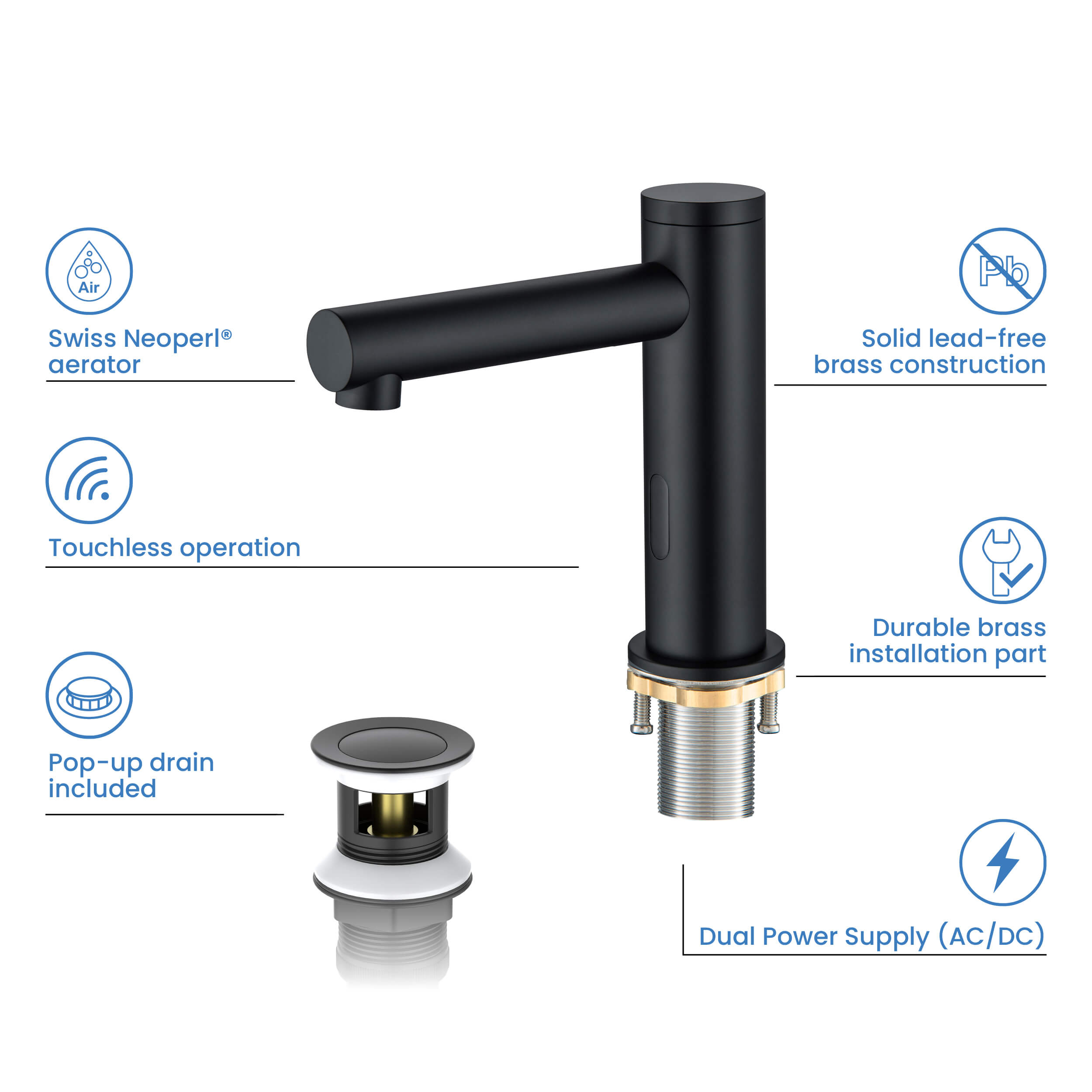 Circular Touchless Bathroom Vanity Sink Faucet with Pop-Up Drain — Plug-In or Battery Powered - C-KBF1029