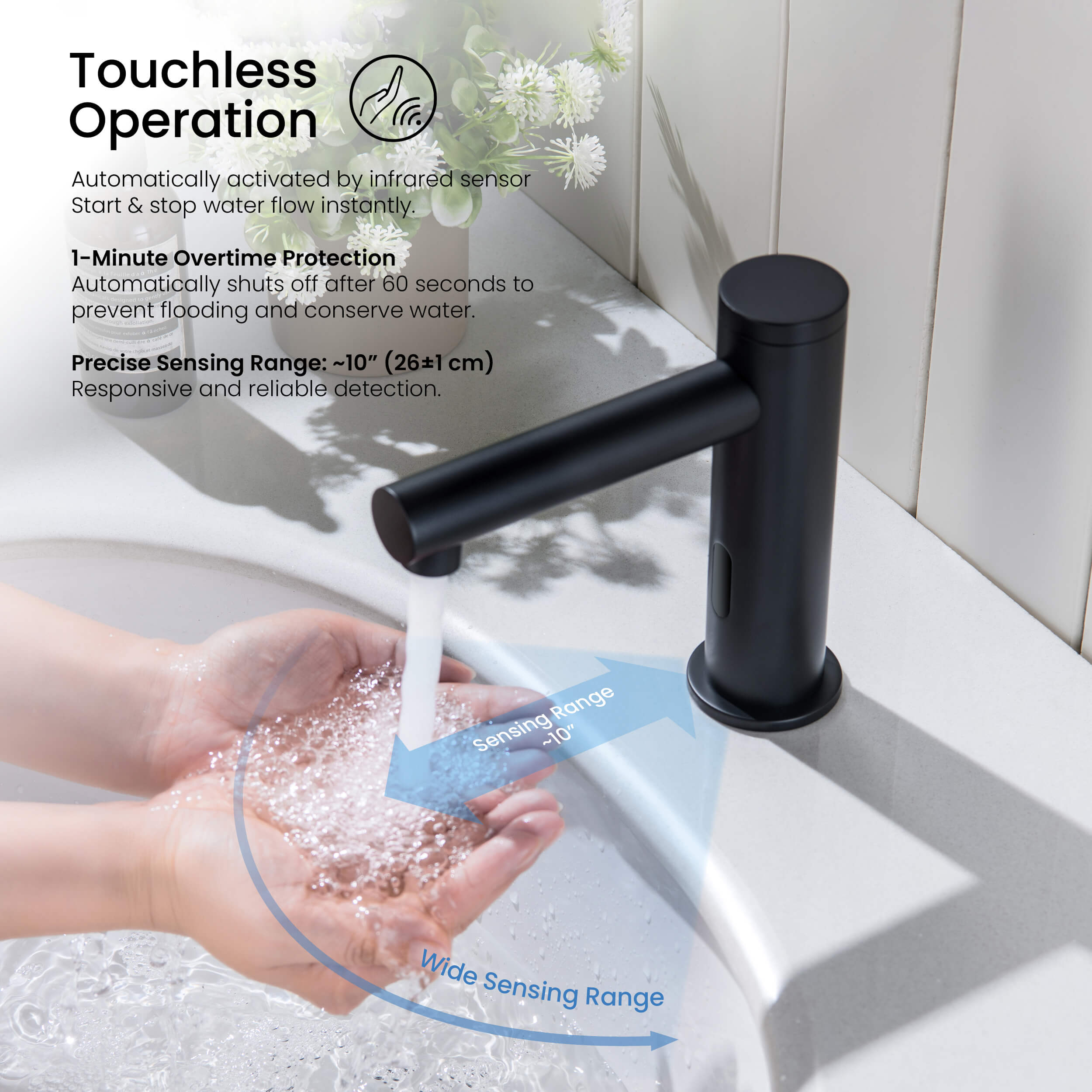 Circular Touchless Bathroom Vanity Sink Faucet with Pop-Up Drain — Plug-In or Battery Powered - C-KBF1029