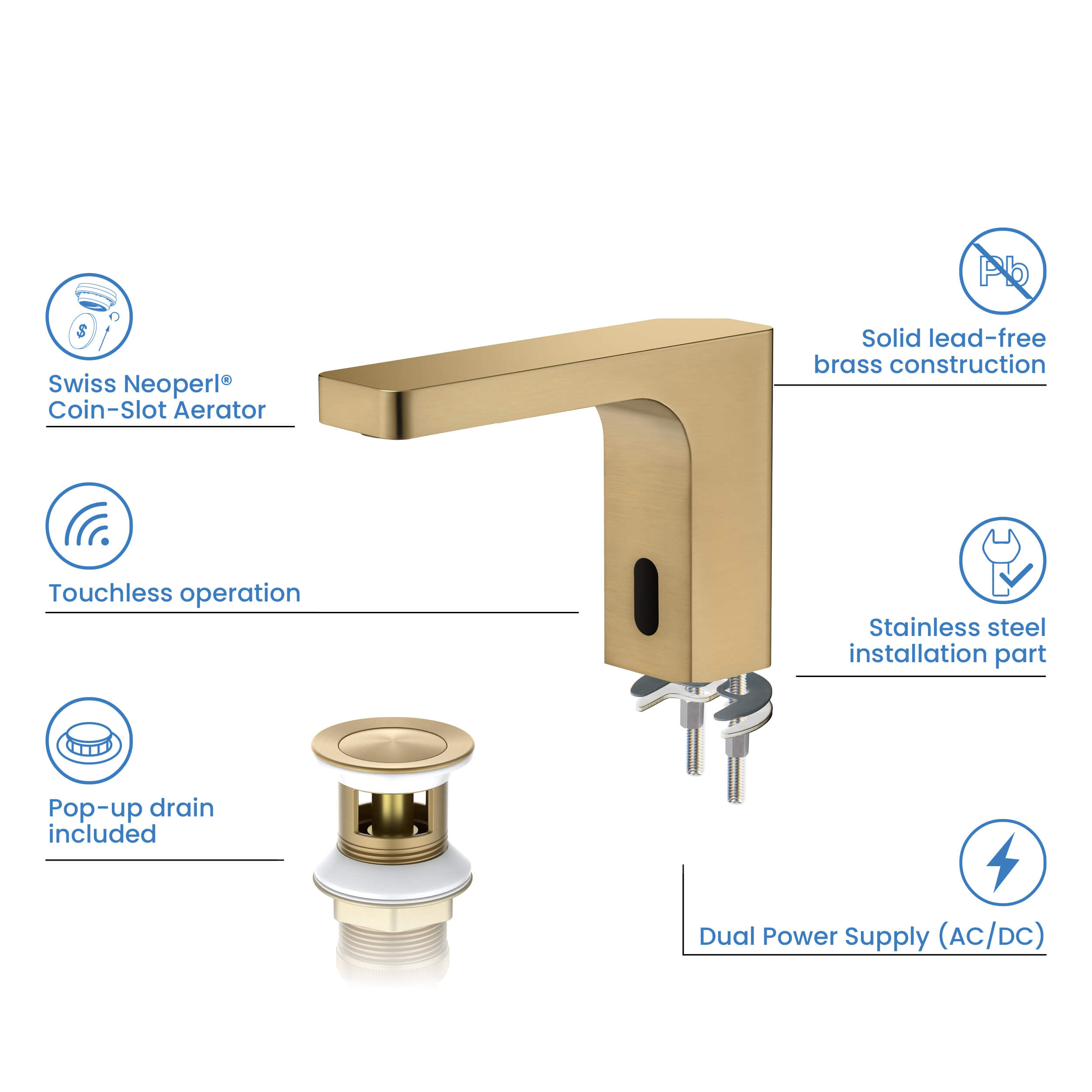 Blaze Touchless Bathroom Vanity Sink Faucet with Pop-Up Drain — Plug-In or Battery Powered - C-KBF1030