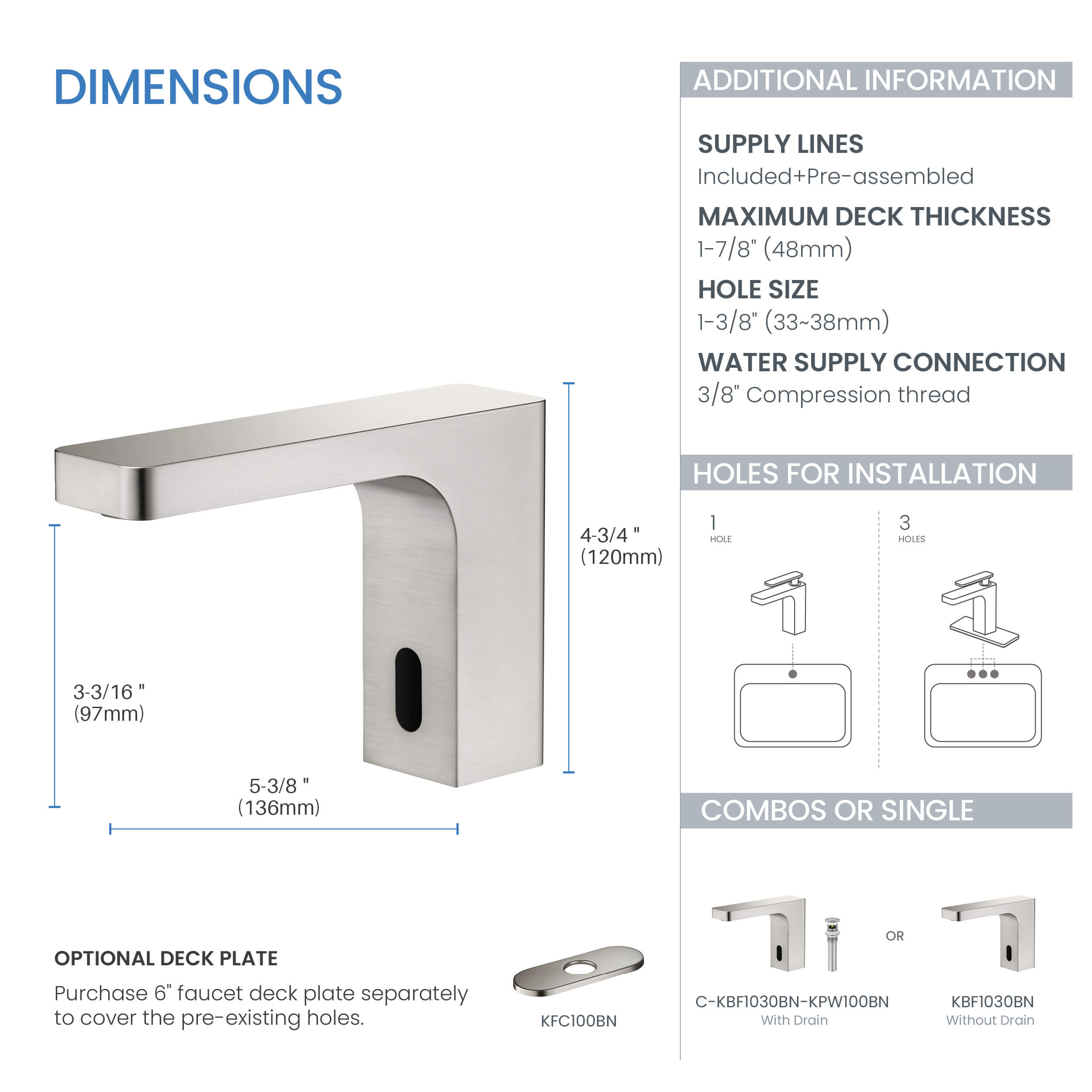 Blaze Touchless Bathroom Vanity Sink Faucet with Pop-Up Drain — Plug-In or Battery Powered - C-KBF1030