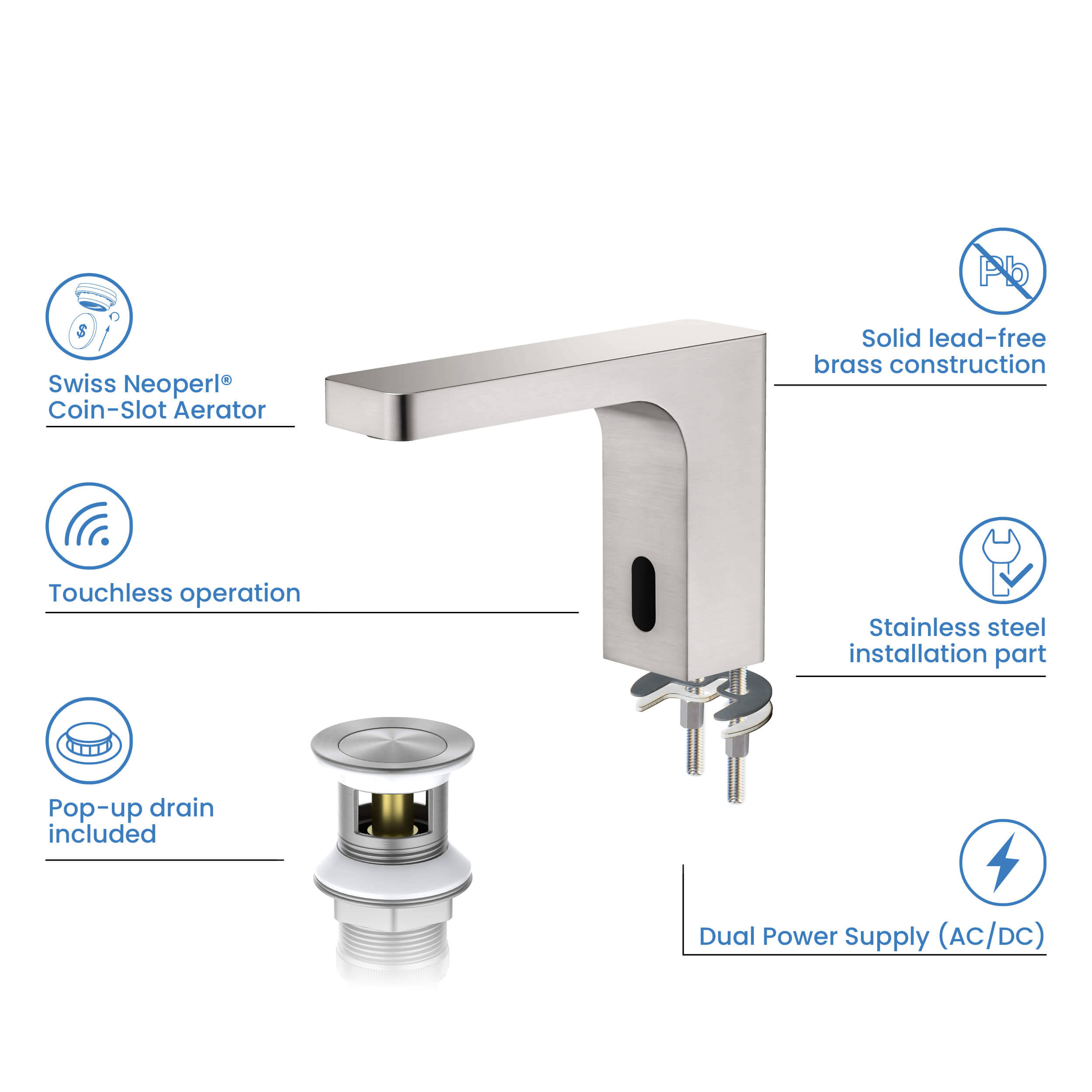 Blaze Touchless Bathroom Vanity Sink Faucet with Pop-Up Drain — Plug-In or Battery Powered - C-KBF1030