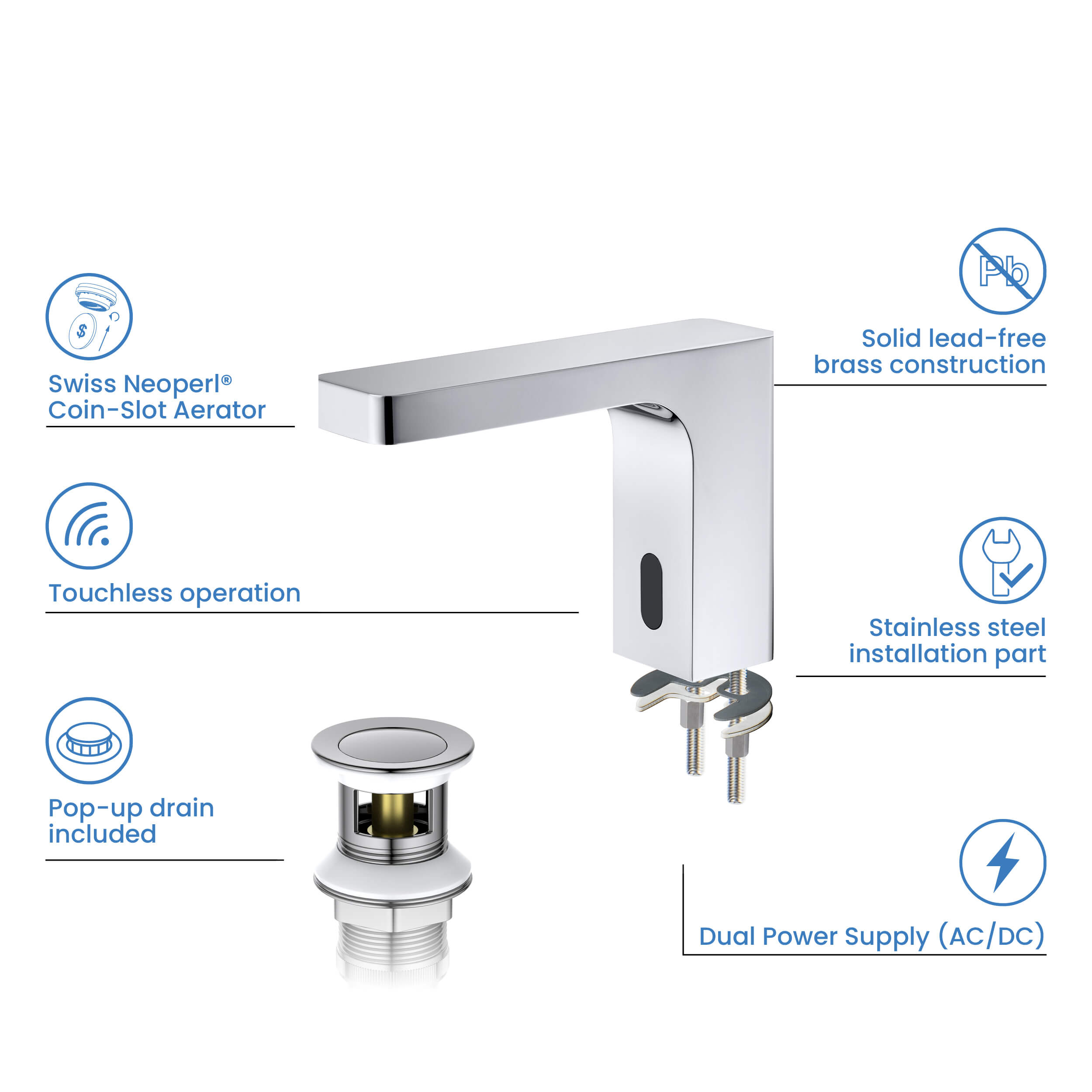 Blaze Touchless Bathroom Vanity Sink Faucet with Pop-Up Drain — Plug-In or Battery Powered - C-KBF1030