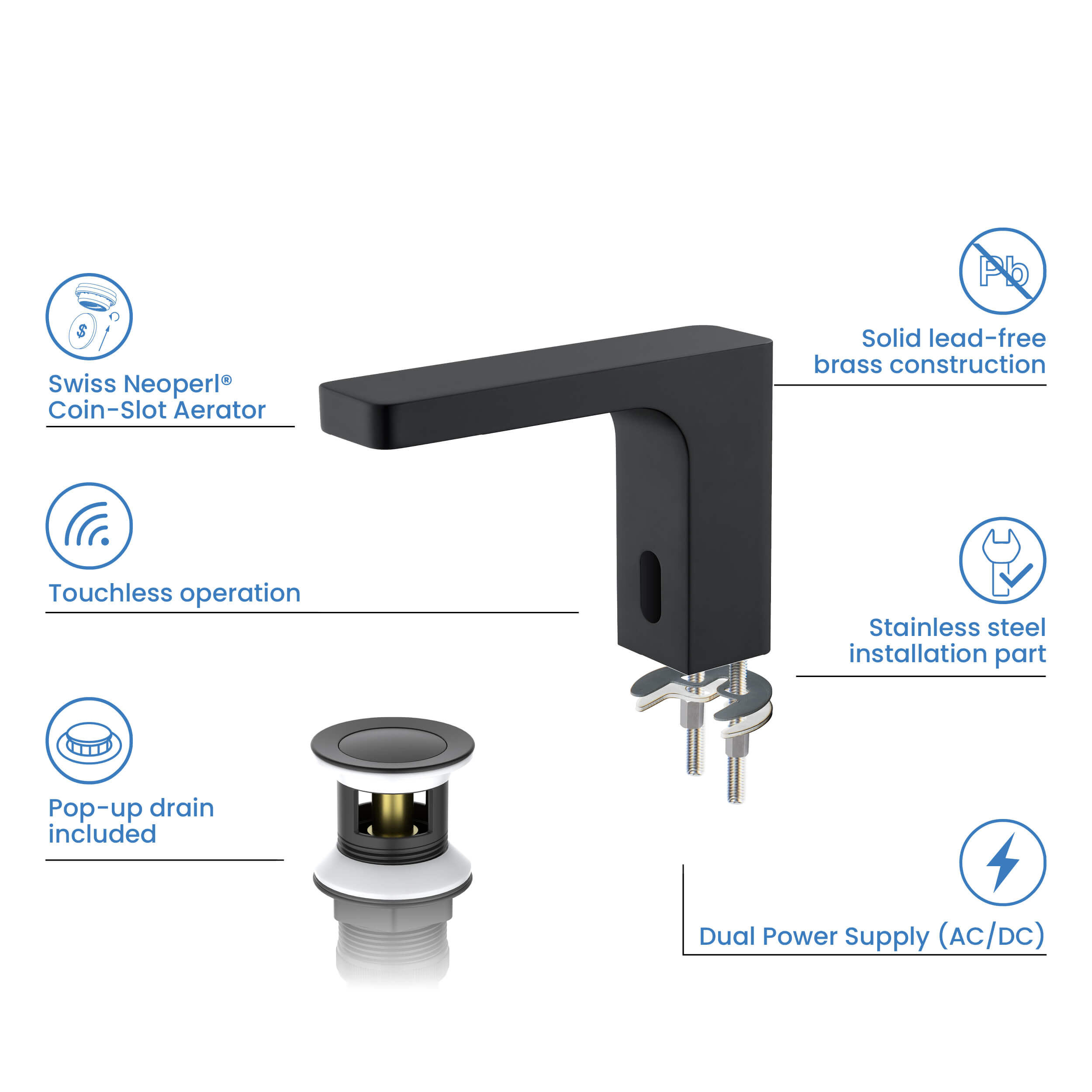 Blaze Touchless Bathroom Vanity Sink Faucet with Pop-Up Drain — Plug-In or Battery Powered - C-KBF1030