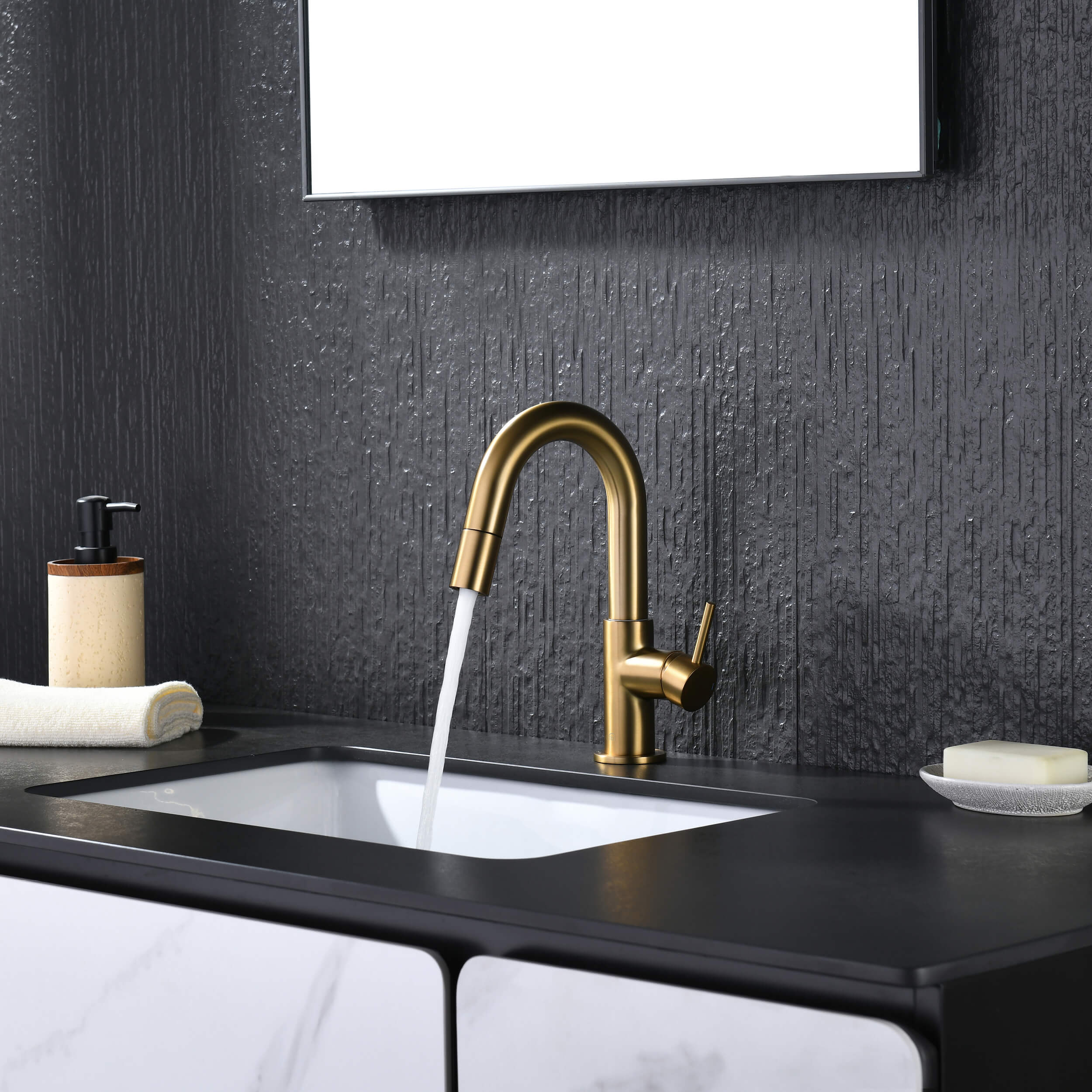 Circular Single Handle High-Arc Pull Down Sprayer Bathroom Vanity Sink Faucet - C-KBF1077